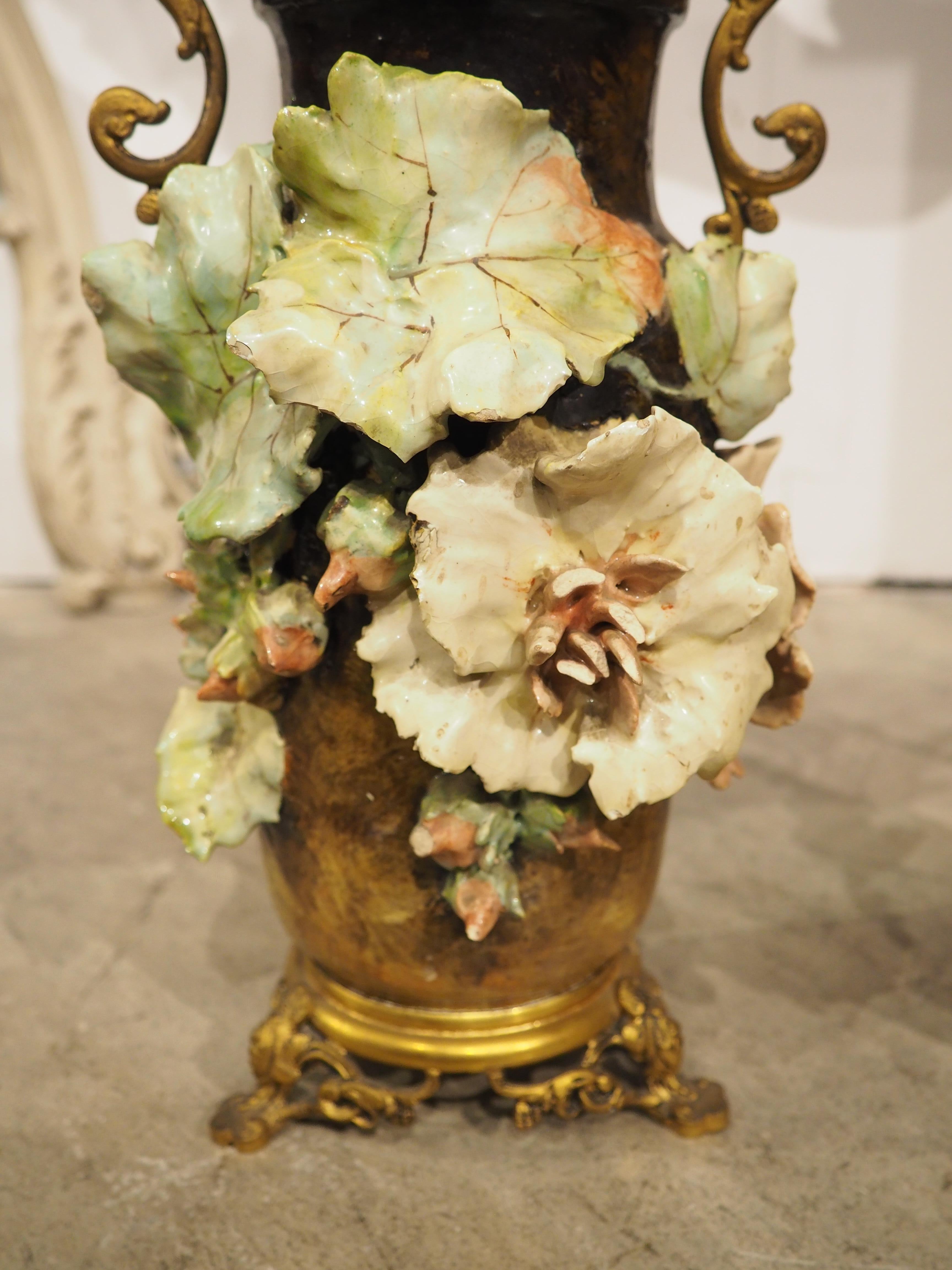 Pair of Gilt Bronze Mounted French Gros-Relief Barbotine Vases, Circa 1880 In Good Condition For Sale In Dallas, TX