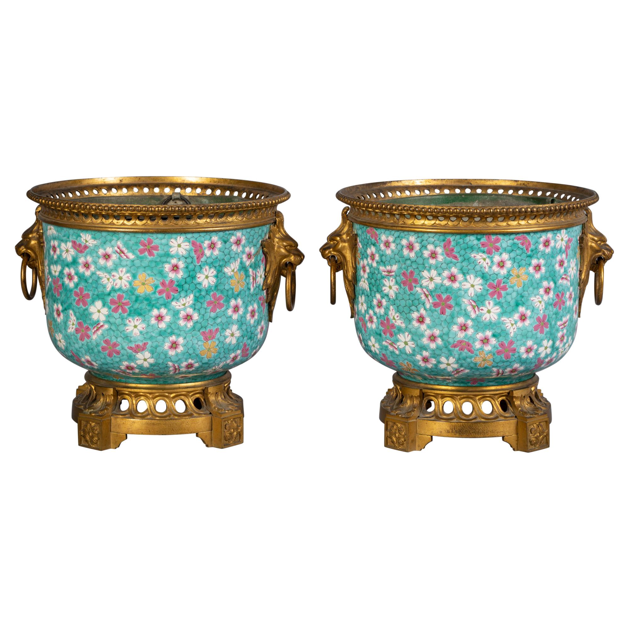 Pair of Gilt Bronze Mounted French Porcelain Jardinières, Late 19th Century For Sale