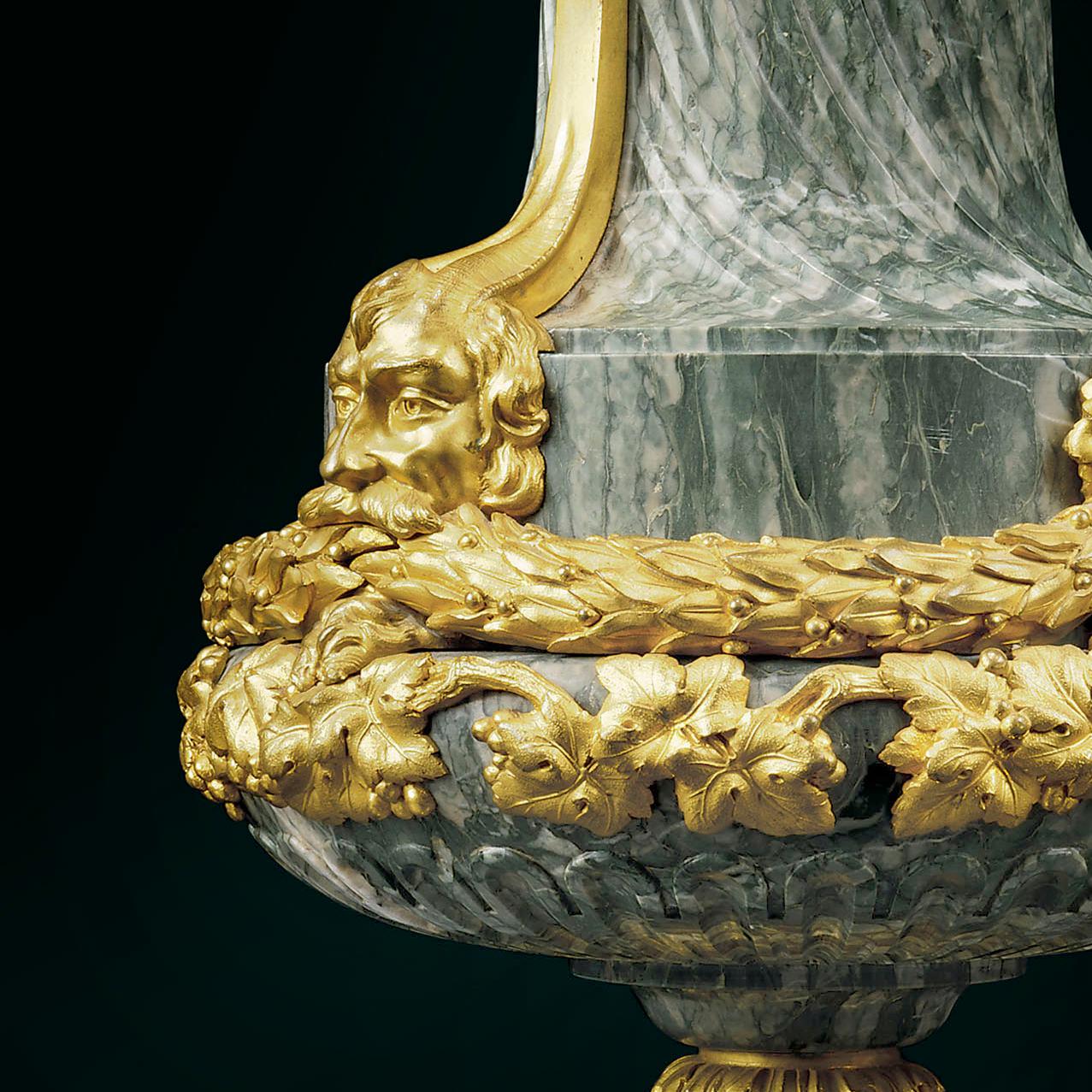 Louis XVI Pair of Gilt-Bronze Mounted Green Cipollino Marble Vases, circa 1890 For Sale