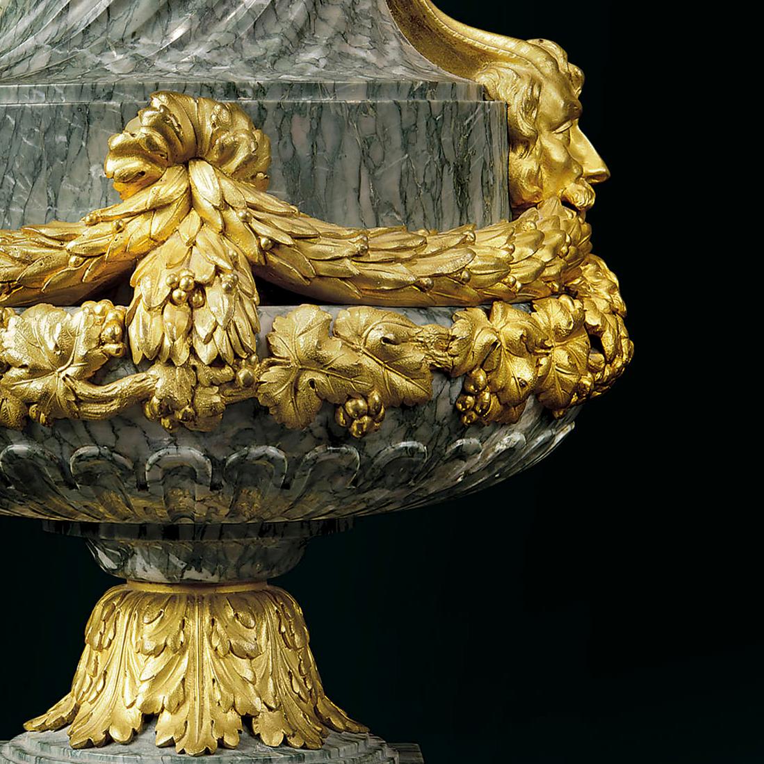 French Pair of Gilt-Bronze Mounted Green Cipollino Marble Vases, circa 1890 For Sale