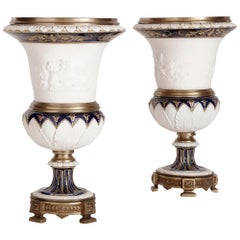 Pair of Gilt Bronze Mounted Krater-Form Bisque Porcelain Vases