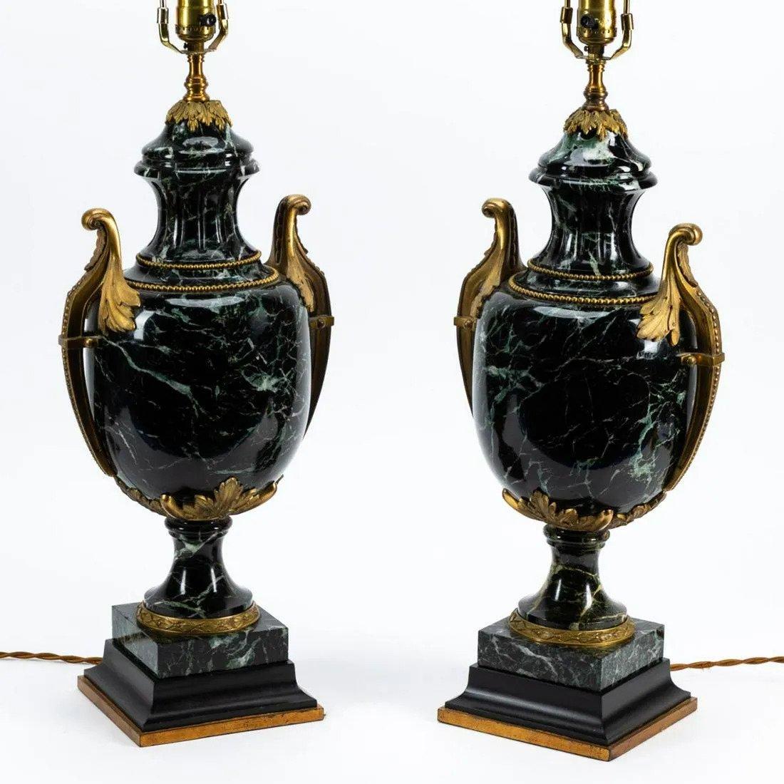 Louis XVI Pair of Gilt Bronze Mounted Marble Lamps For Sale