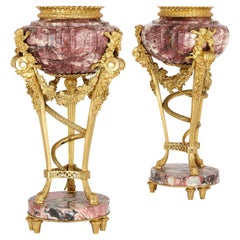 Pair of Gilt Bronze Mounted Marble Urns After Gouthière