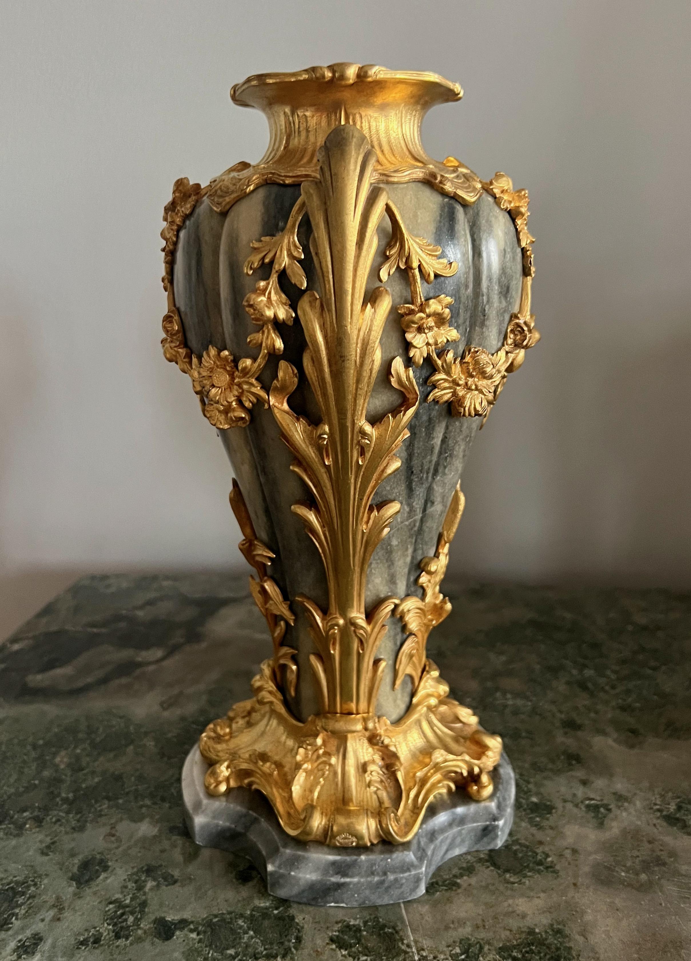 Belle Époque Pair of Gilt Bronze Mounted Marble Vases Signed Jollet & Cie For Sale