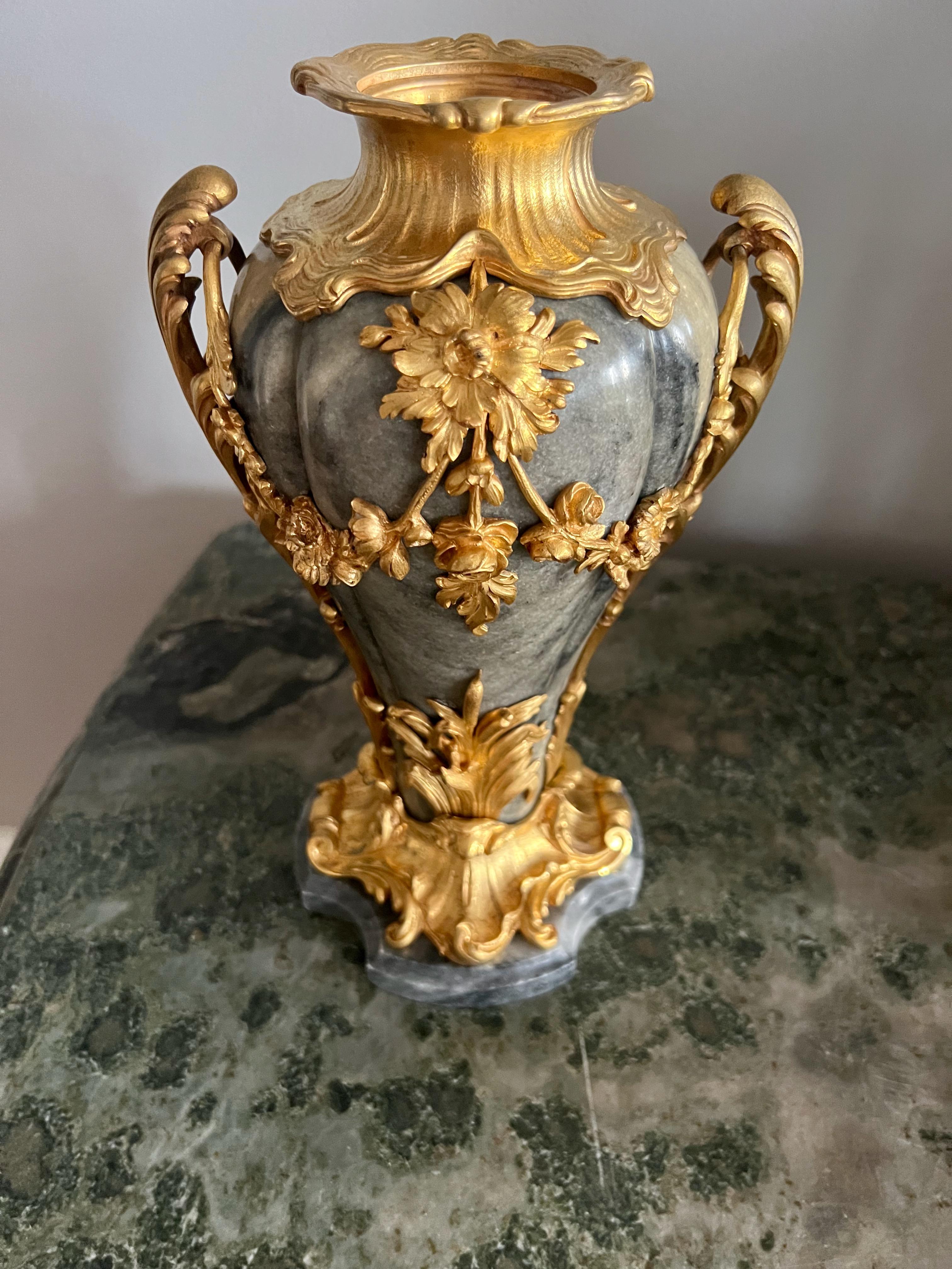 French Pair of Gilt Bronze Mounted Marble Vases Signed Jollet & Cie For Sale