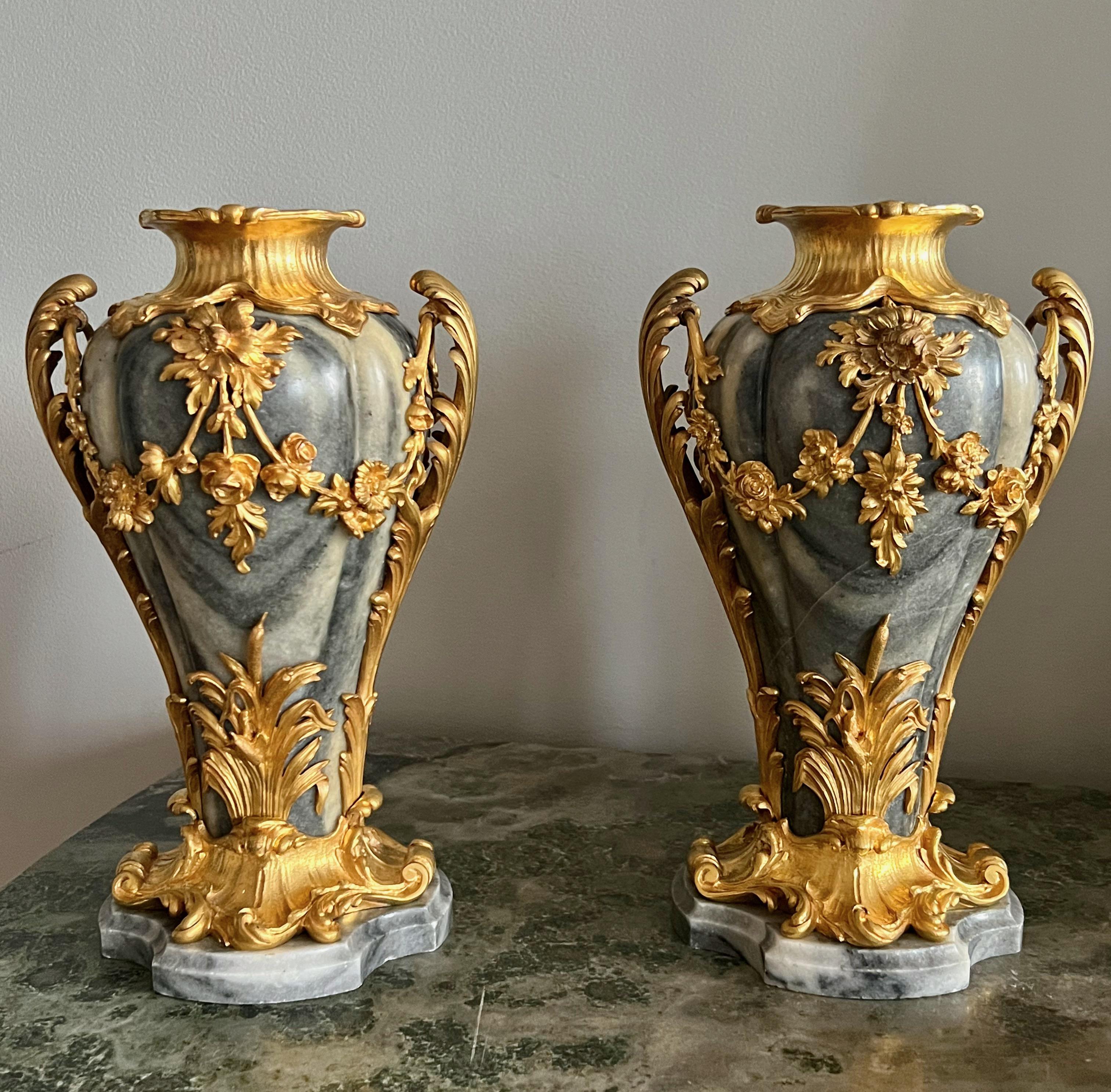 Early 20th Century Pair of Gilt Bronze Mounted Marble Vases Signed Jollet & Cie For Sale