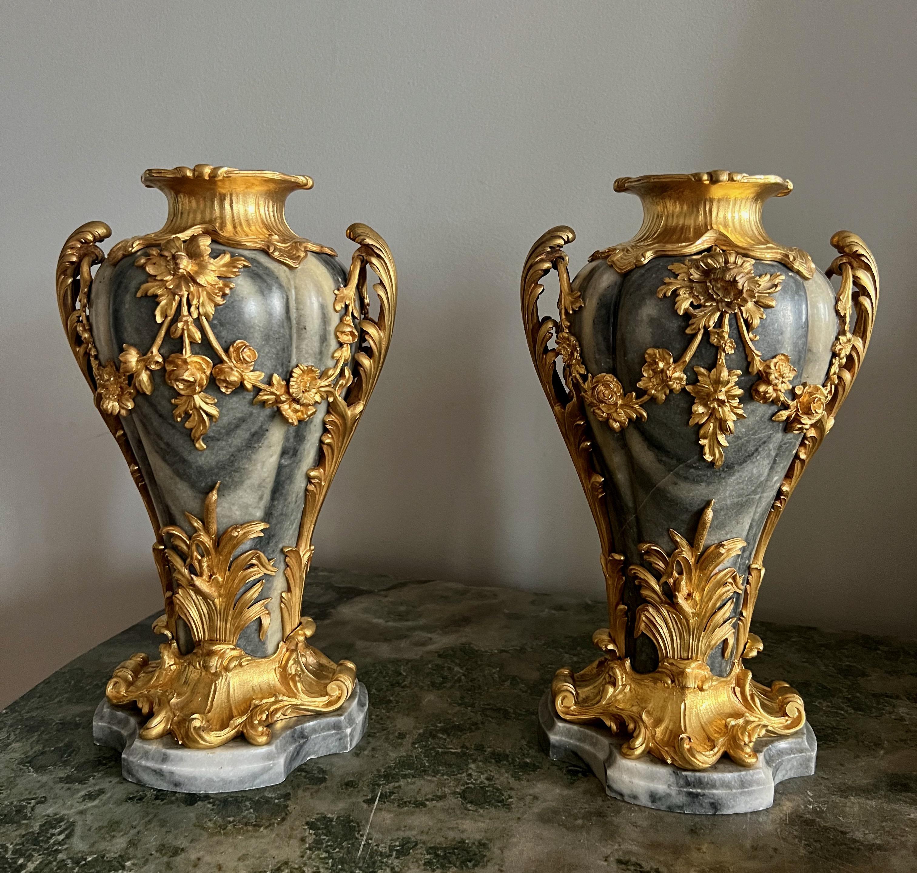 Ormolu Pair of Gilt Bronze Mounted Marble Vases Signed Jollet & Cie For Sale