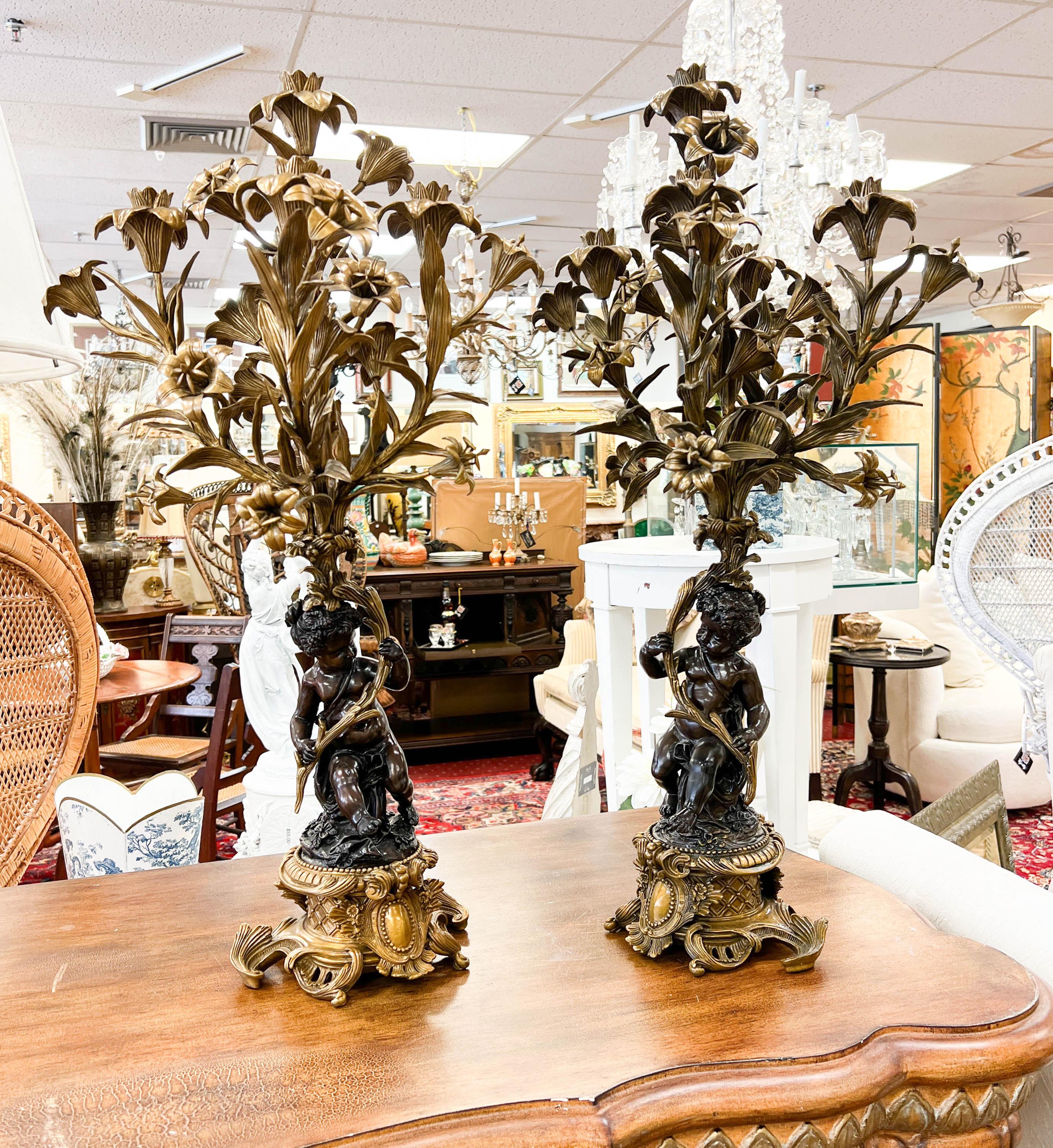 Pair of Gilt Bronze Mounted Putto 5-Arm Candelabra by United Wilson For Sale 9