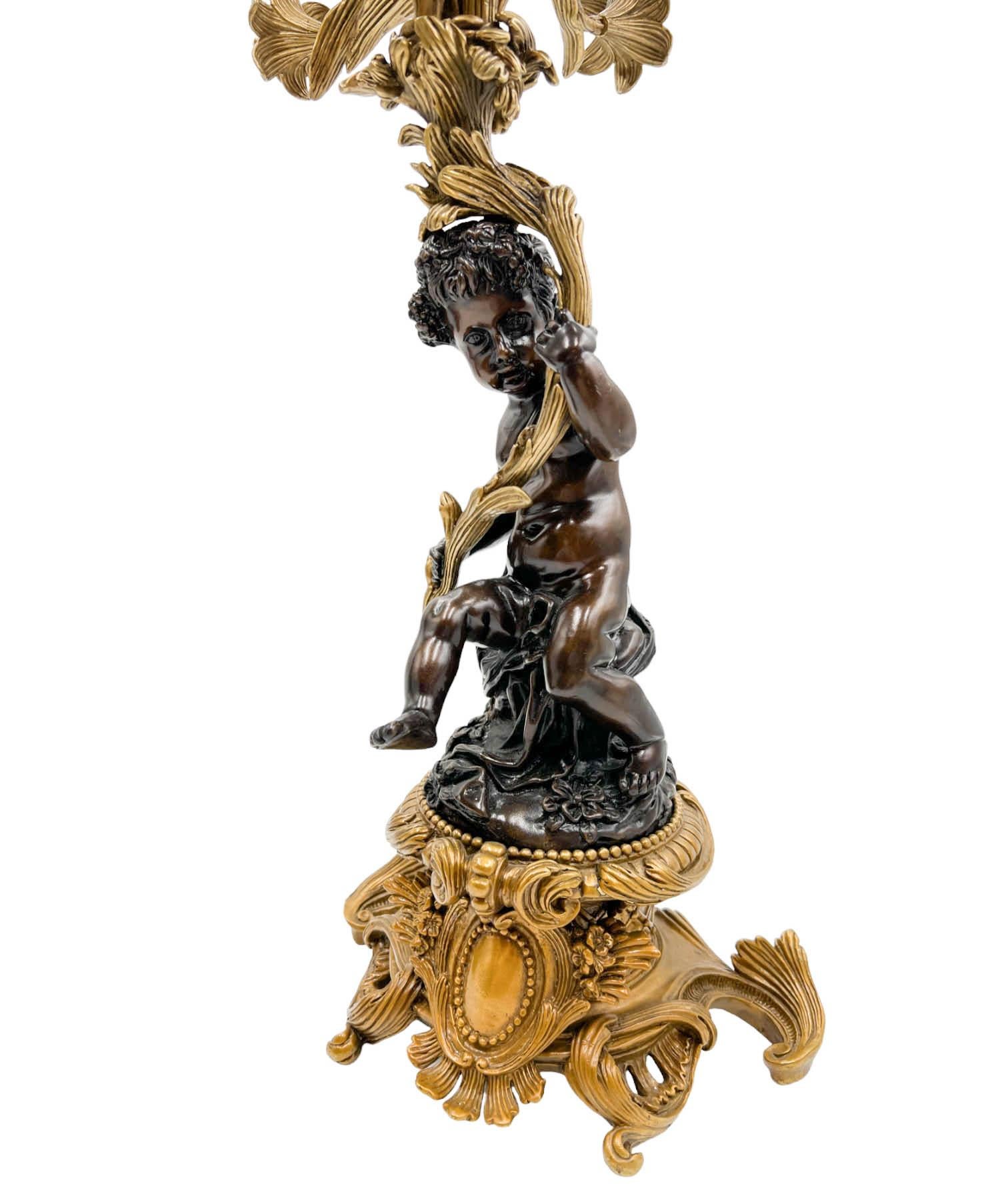 Mid-20th Century Pair of Gilt Bronze Mounted Putto 5-Arm Candelabra by United Wilson For Sale