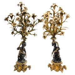 Vintage Pair of Gilt Bronze Mounted Putto 5-Arm Candelabra by United Wilson