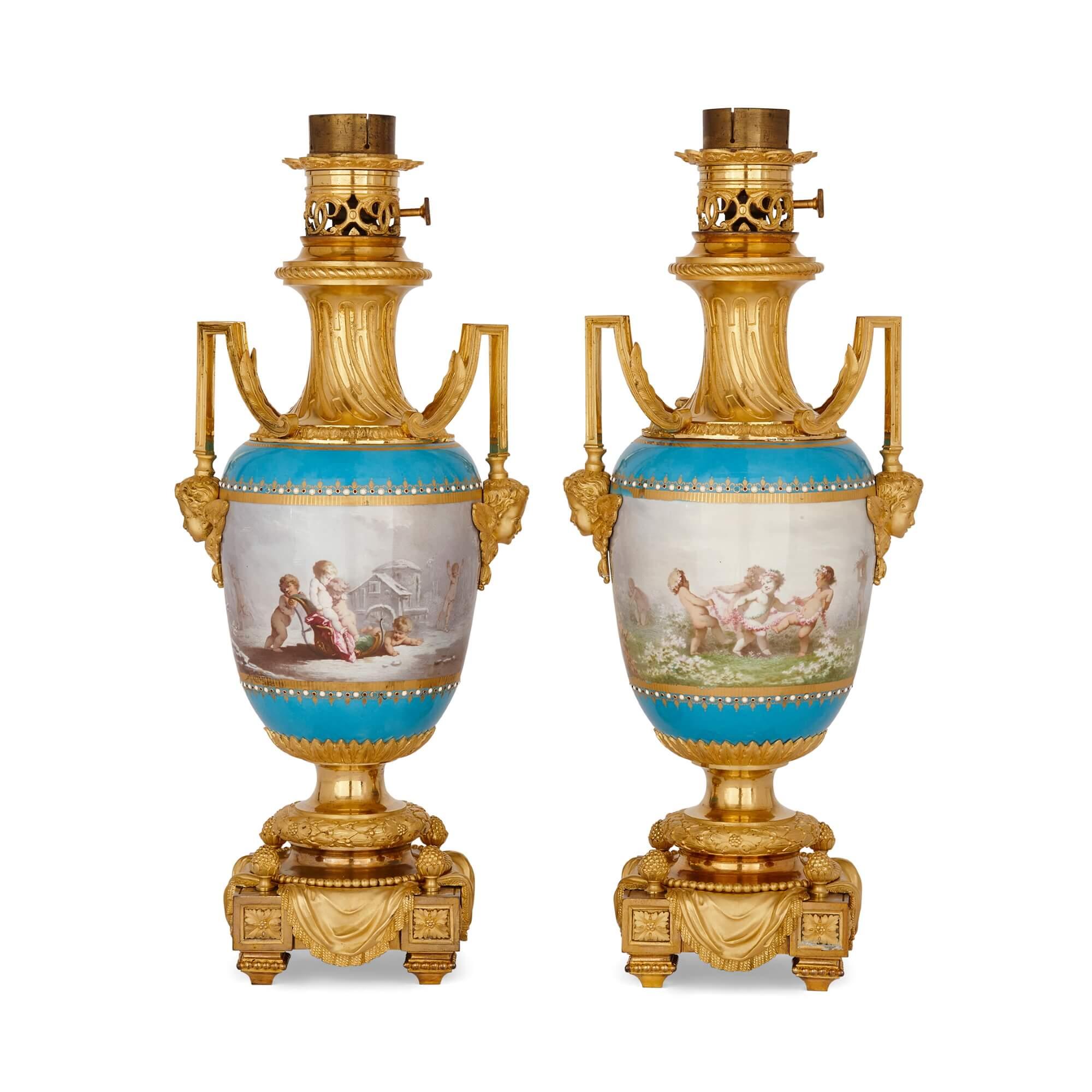 Pair of gilt-bronze mounted Sèvres porcelain lamp bases by Picard
French, Late 19th Century
Height 52cm, width 21cm, depth 16cm

These superb pieces are a pair of Sèvres style porcelain lamps bases, mounted with gilt-bronze decorations and base