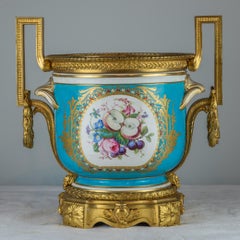 Pair of Gilt-Bronze Mounted Turquoise Ground Sèvres Style Jardinières