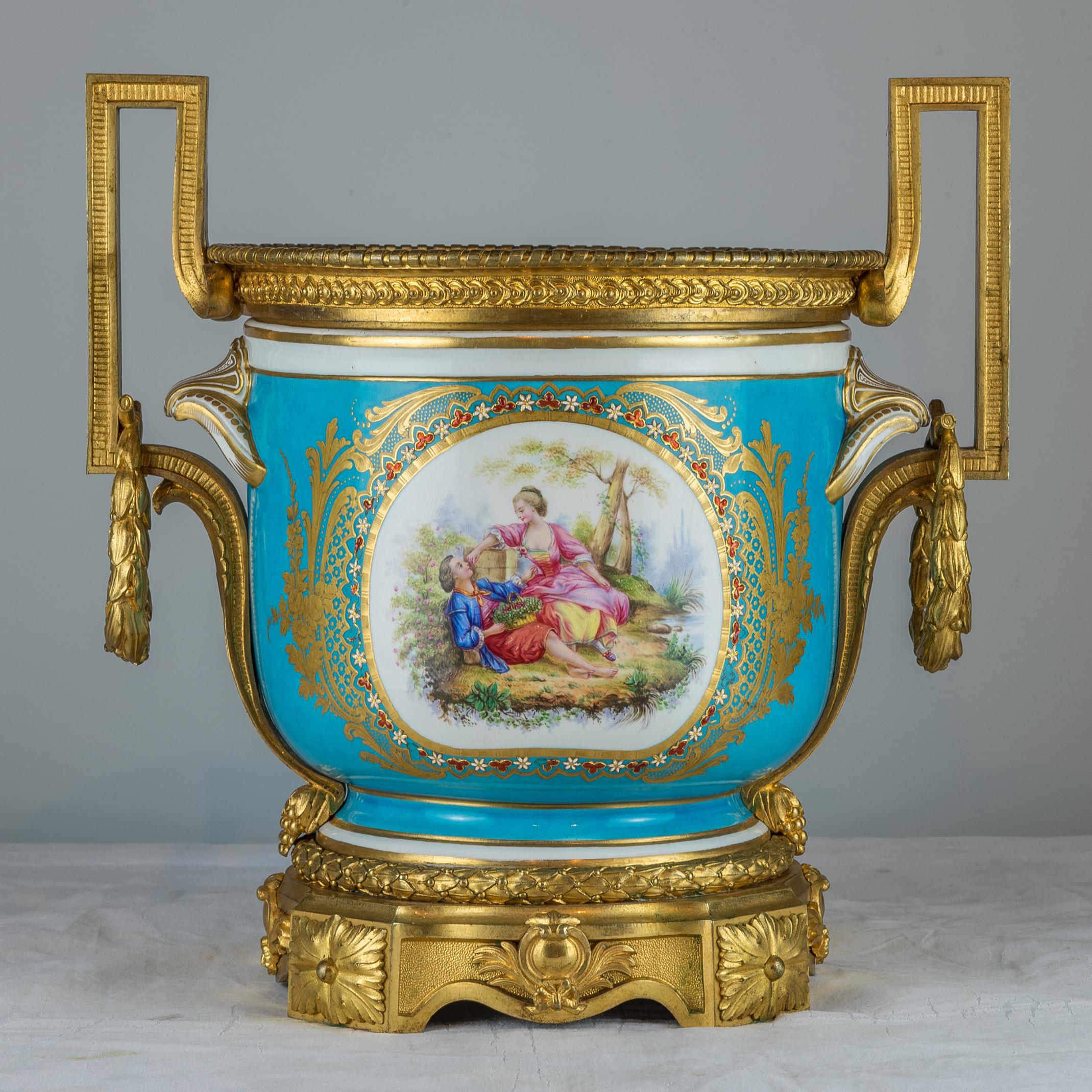 French Pair of Gilt-Bronze Mounted Turquoise Ground Sèvres Style Jardinières For Sale