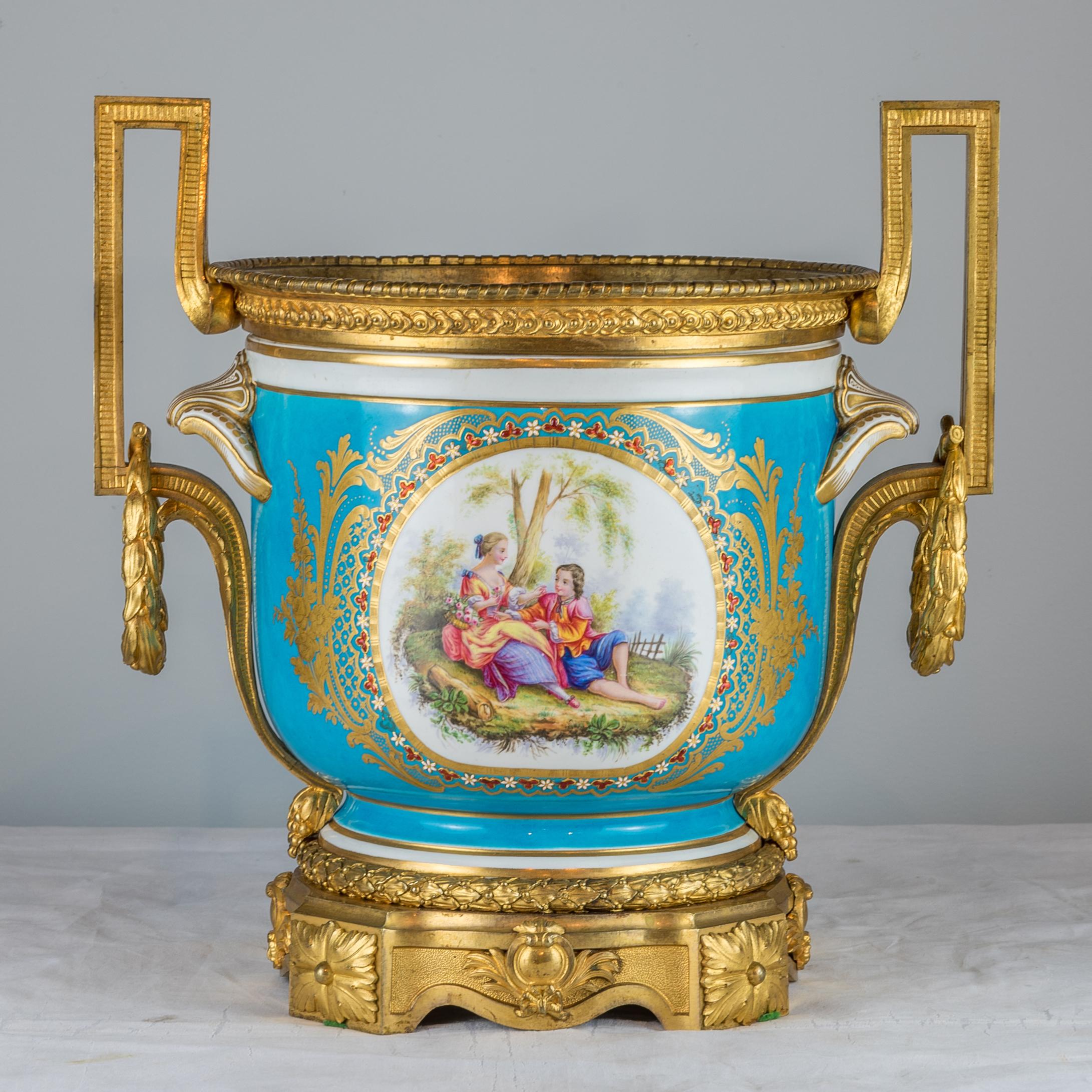 Pair of Gilt-Bronze Mounted Turquoise Ground Sèvres Style Jardinières For Sale 1