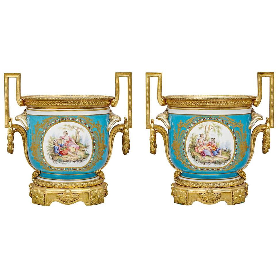 Pair of Gilt-Bronze Mounted Turquoise Ground Sèvres Style Jardinières For Sale