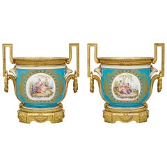 Antique Pair of Gilt-Bronze Mounted Turquoise Ground Sèvres Style Jardinières