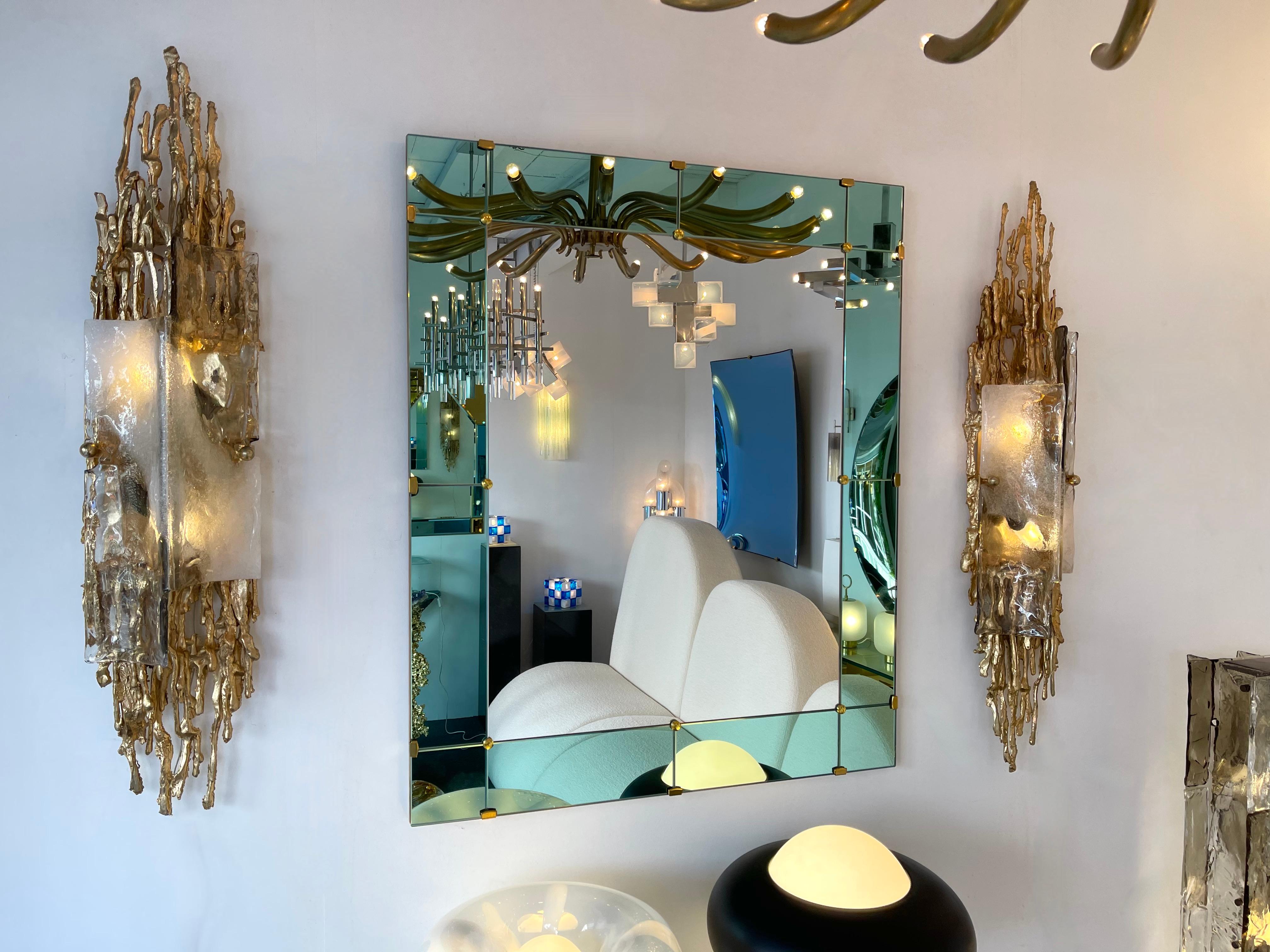 Rare and large pair of gilt bronze wall lamps lights sconces, murano glass diffusor. Unique and singular technique used by Boeltz and called by him 