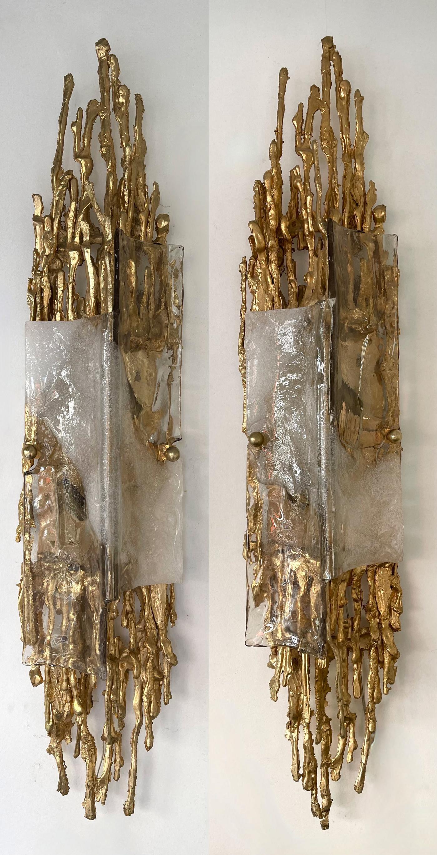 French Pair of Gilt Bronze Murano Glass Sconces by Claude Victor Boeltz, France, 1970s