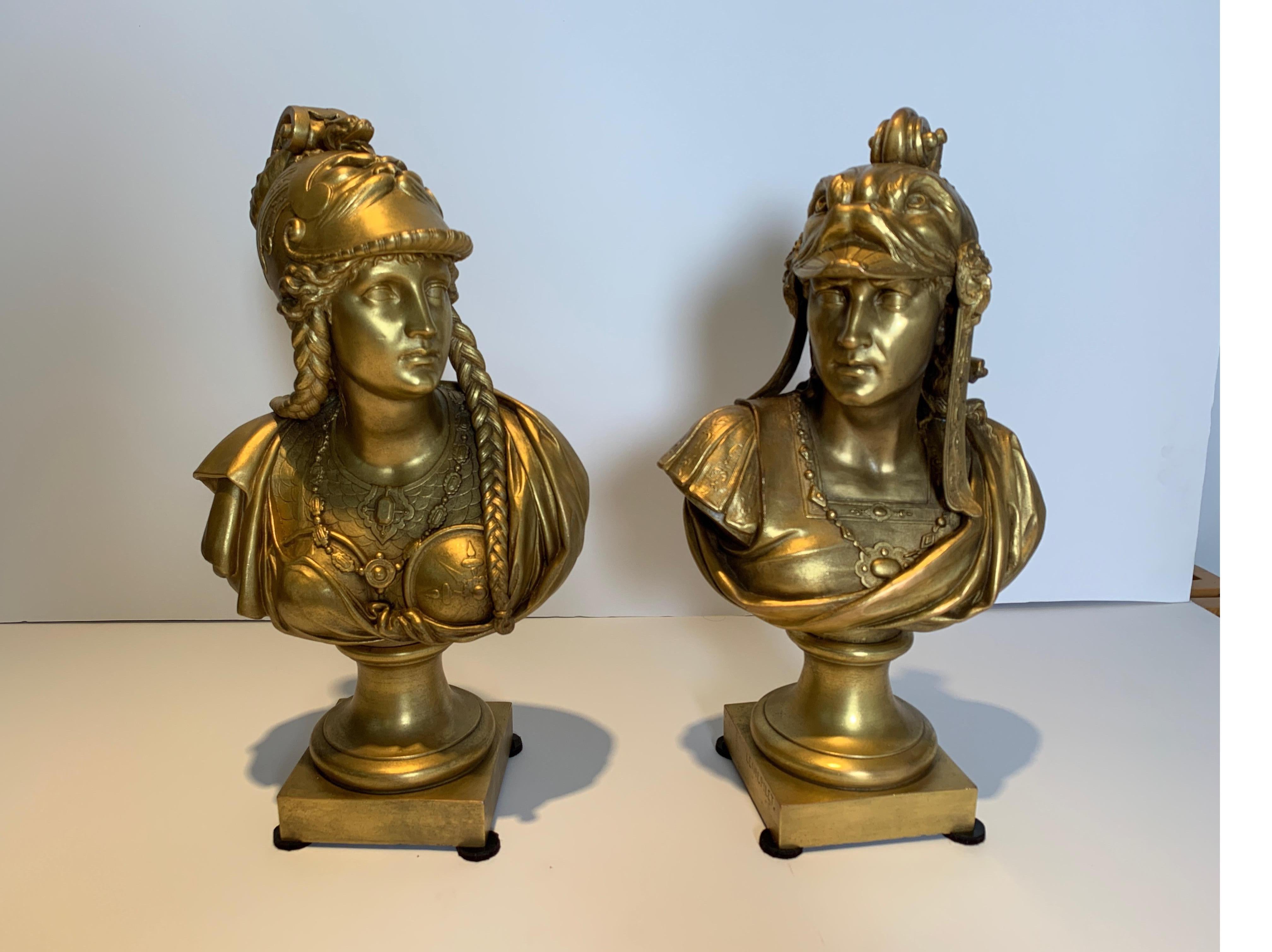 A pair of antique 19th century gilt bronze busts France 19th century of Minerva and Perseus. The exceptional casting with original gilt finish. Signed Leon Pilet.