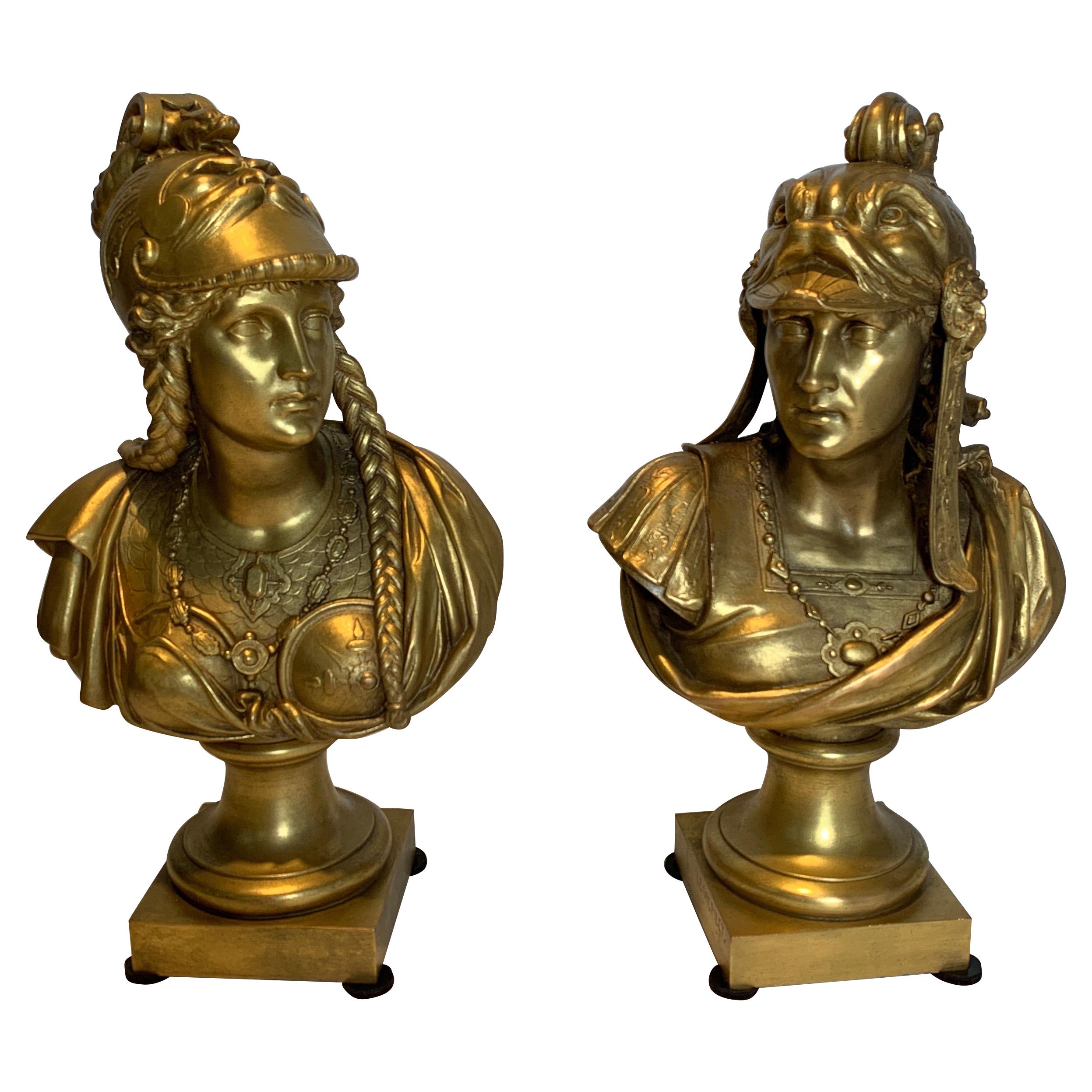 Pair of Gilt Bronze Neoclassical Busts of Minerva and Perseus
