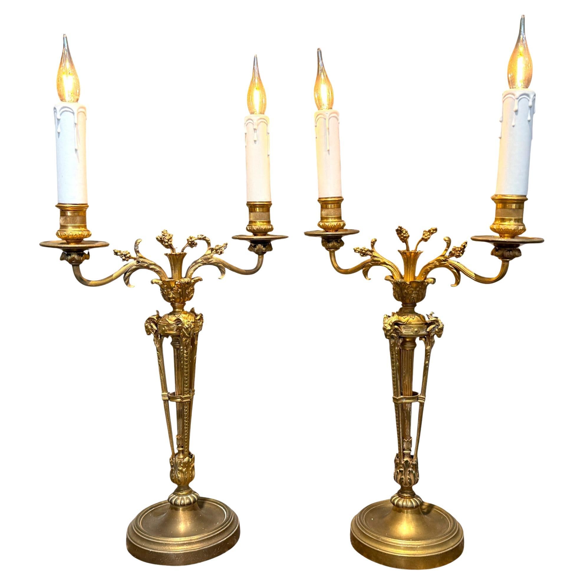 Pair of Gilt Bronze Neoclassical Candelabra Lamps, 19th Century