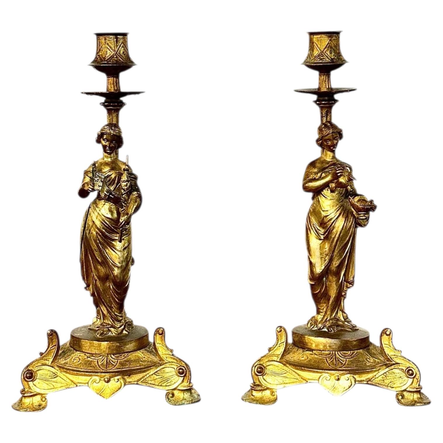 Pair of Gilt Bronze Neoclassical Figural Candlesticks, France 19th Century For Sale