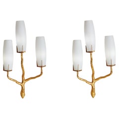 Pair of Gilt Bronze + Opaline Glass Sconces by Maison Arlus, France 1960s