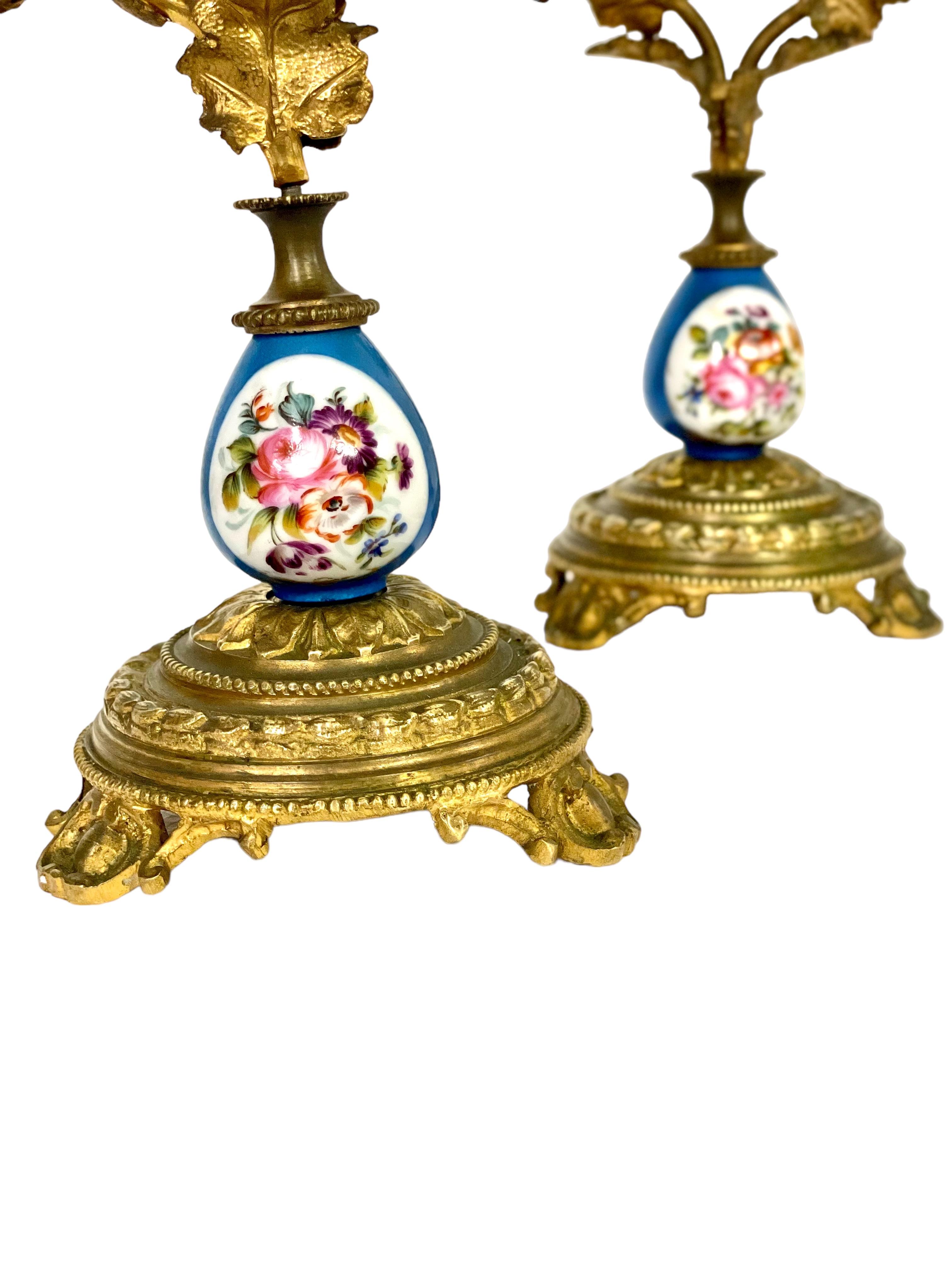 Louis XVI Pair of Gilt Bronze Ormolu and Sèvres Style Porcelain Candelabras For Sale