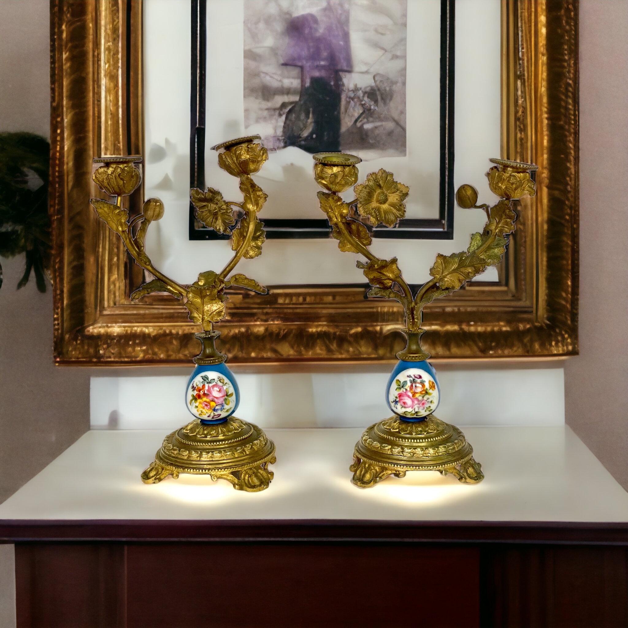 Pair of Gilt Bronze Ormolu and Sèvres Style Porcelain Candelabras For Sale 3