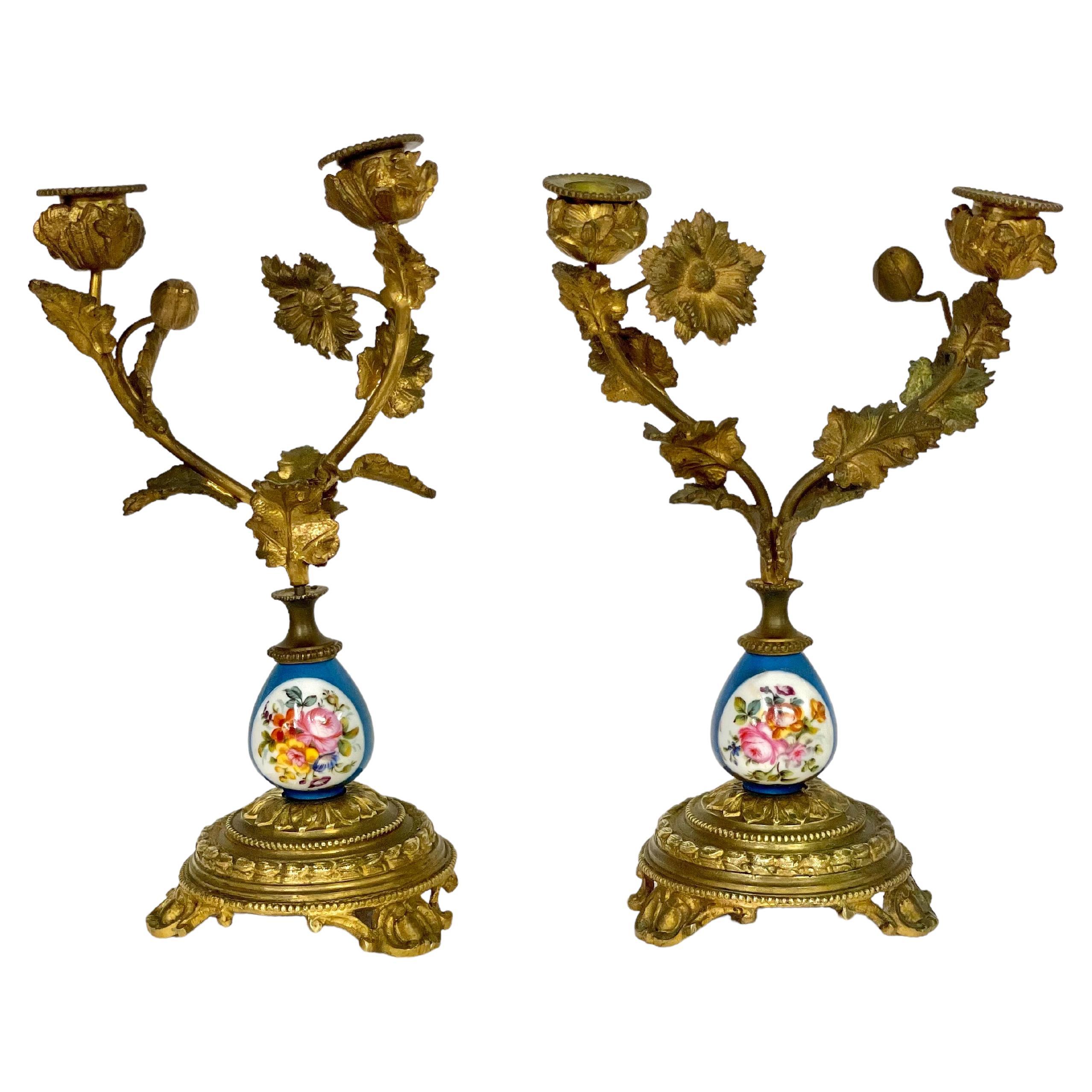 Pair of Gilt Bronze Ormolu and Sèvres Style Porcelain Candelabras For Sale