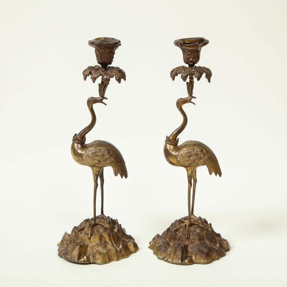 Regency Pair of Gilt Bronze Ostrich Candlesticks For Sale