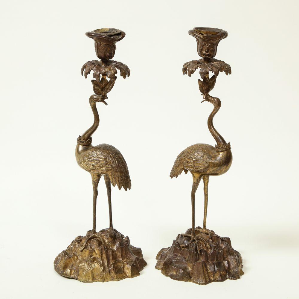 British Pair of Gilt Bronze Ostrich Candlesticks For Sale