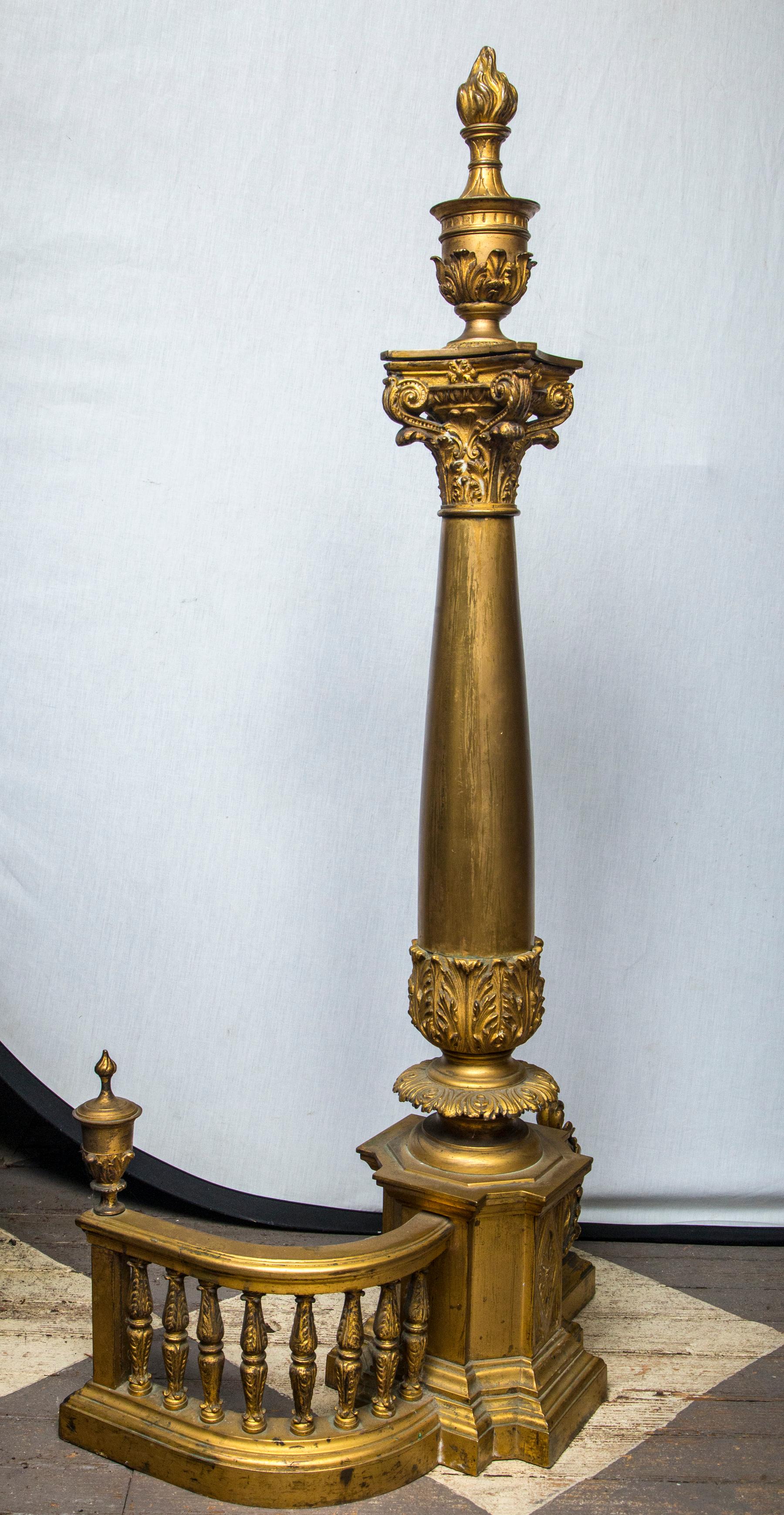 Cast Pair of Gilt Bronze Oversized Andirons For Sale