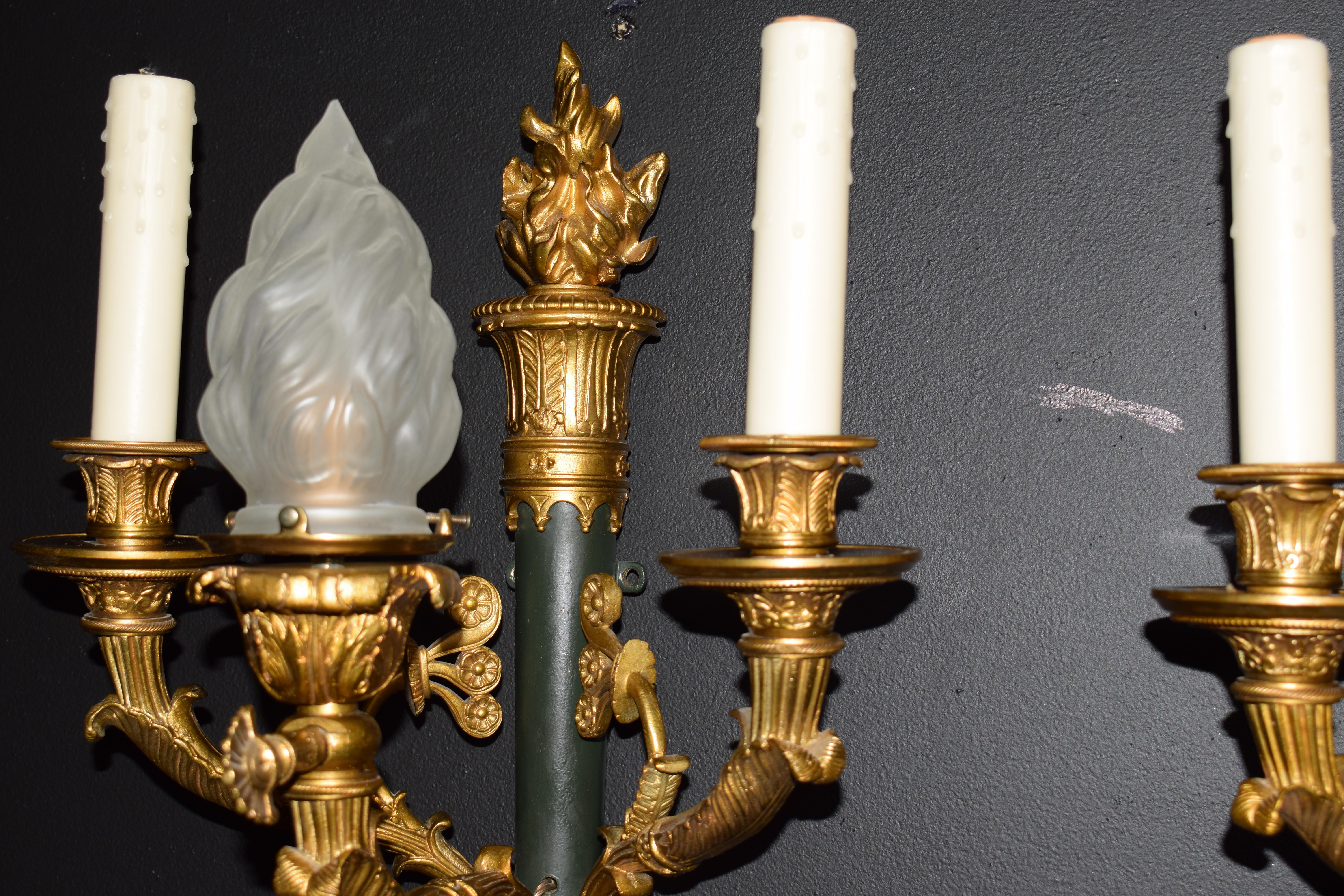 Empire Pair of Gilt Bronze and Patinated Bronze Wall Sconces