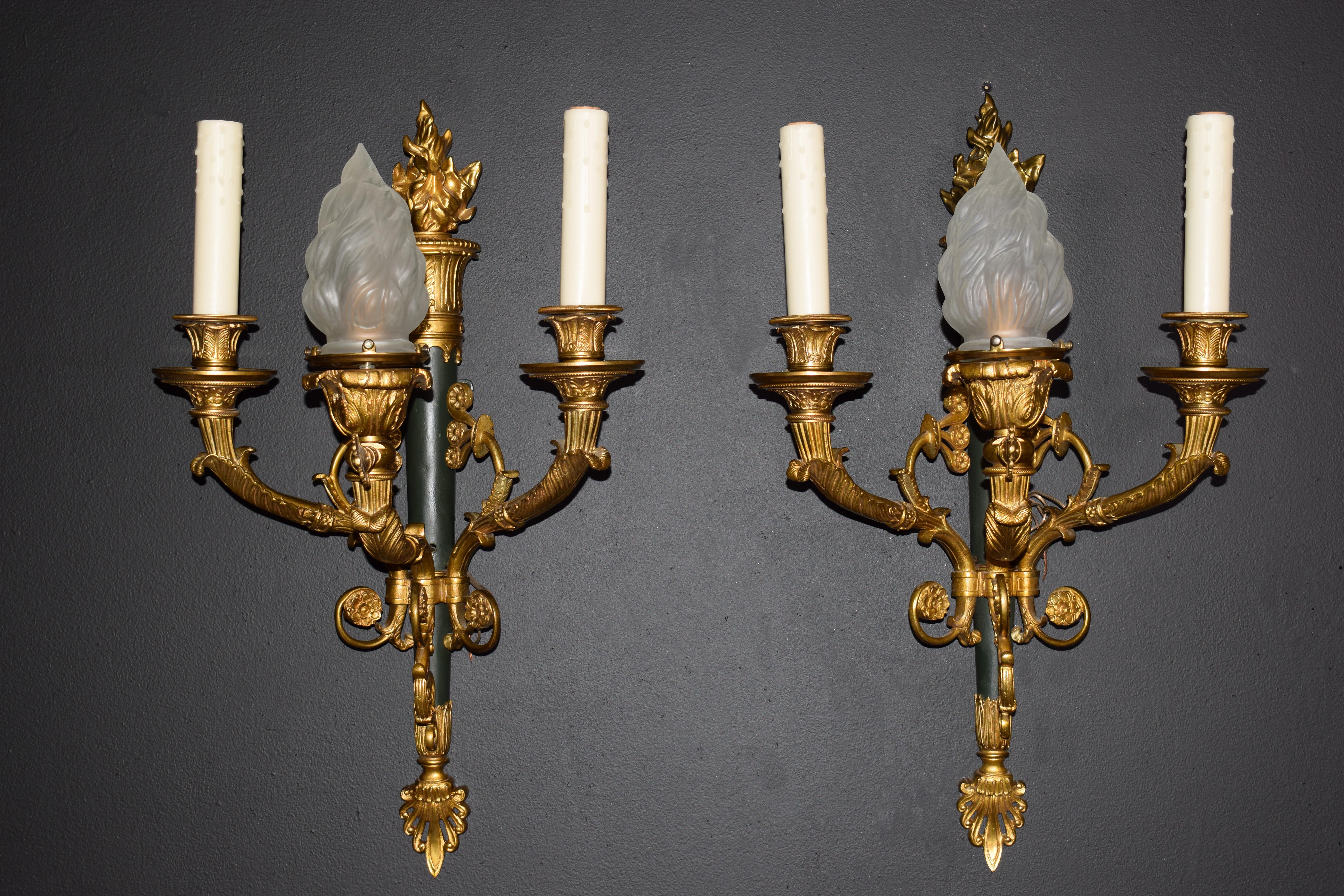 French Pair of Gilt Bronze and Patinated Bronze Wall Sconces