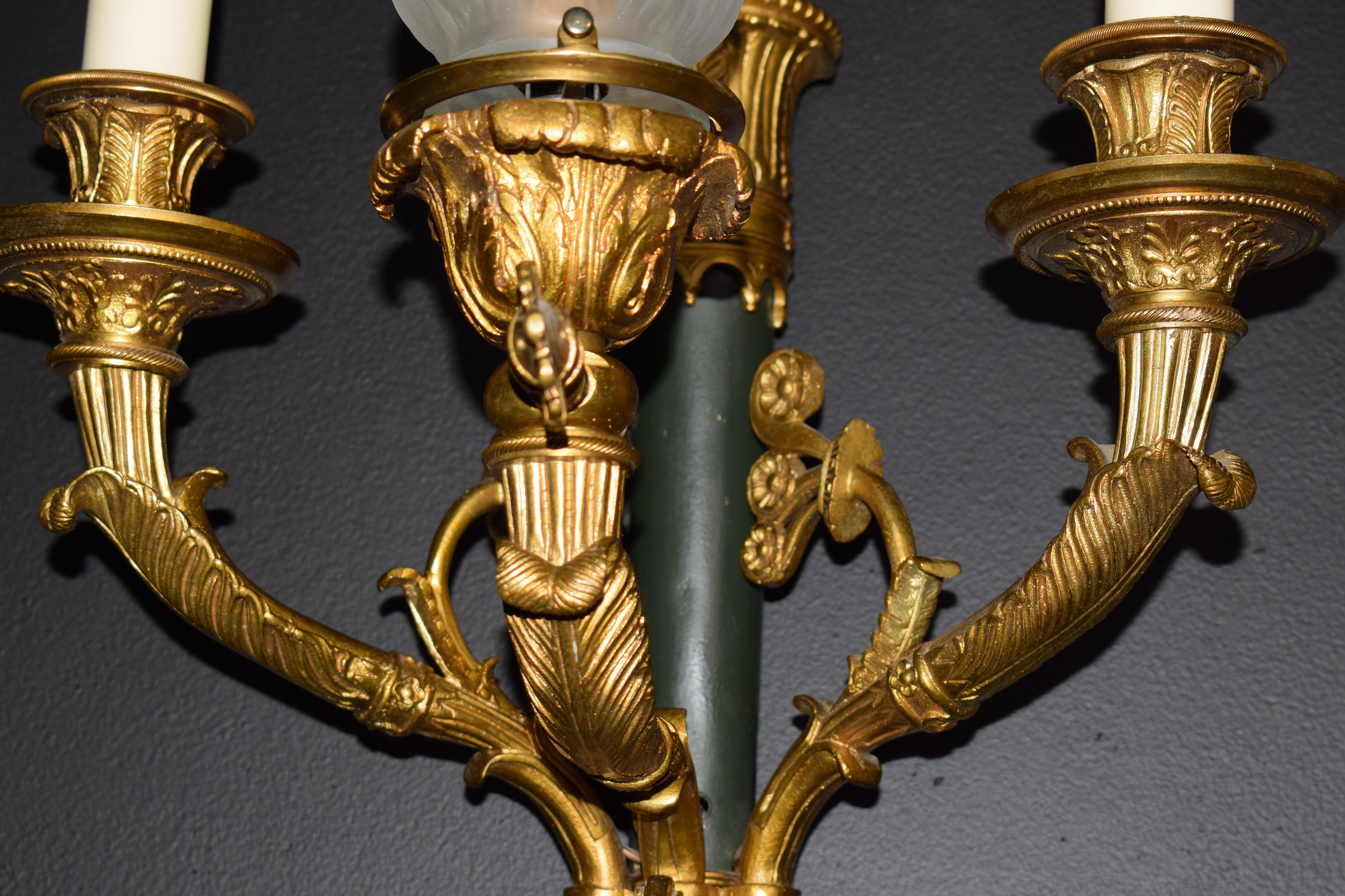 Pair of Gilt Bronze and Patinated Bronze Wall Sconces In Good Condition In Atlanta, GA