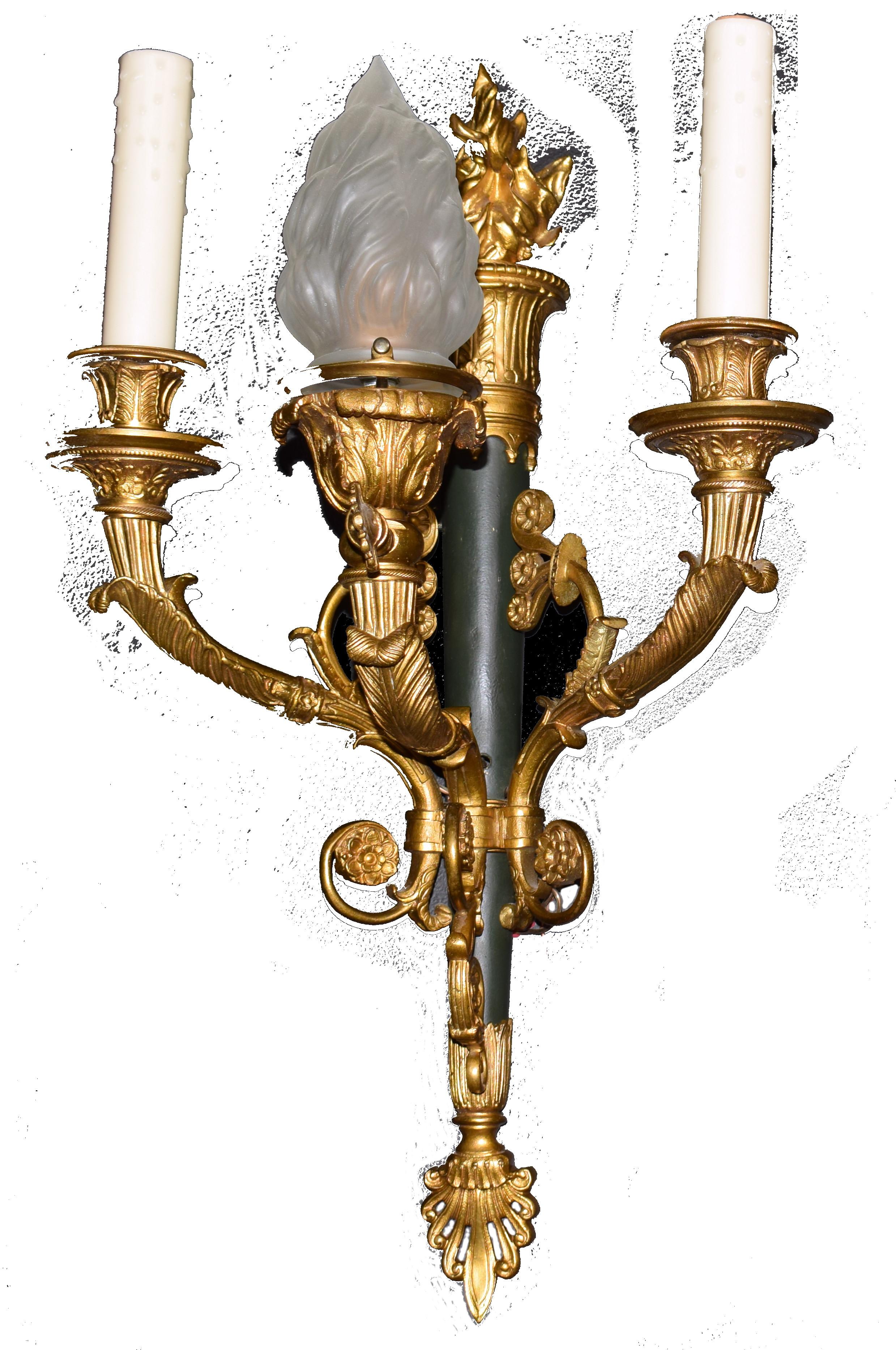 20th Century Pair of Gilt Bronze and Patinated Bronze Wall Sconces