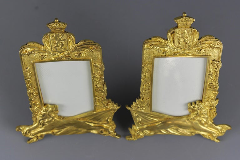 Metal Pair of Gilt Bronze Picture Photo Frames with Lions and Royal Crowns For Sale