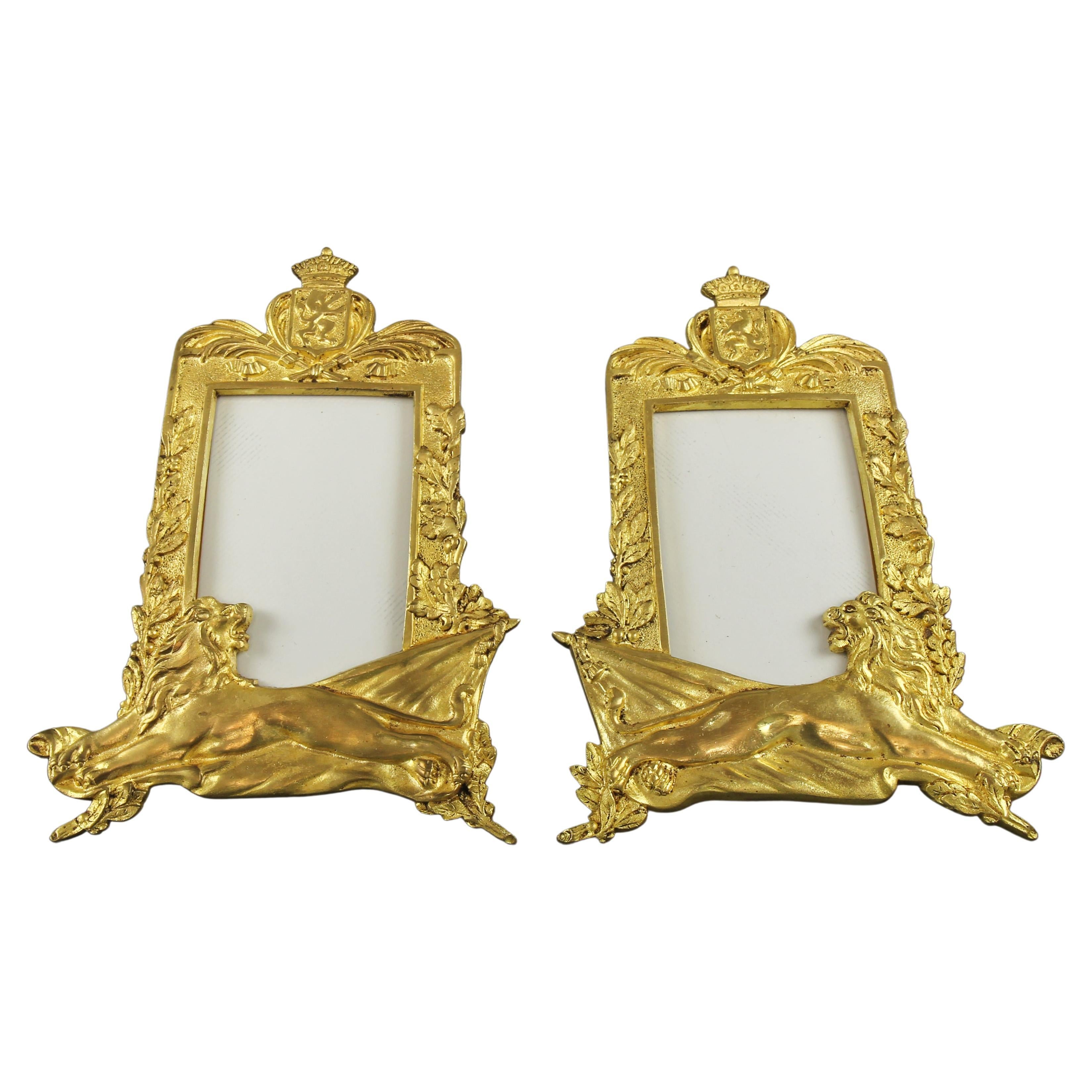 Pair of Gilt Bronze Picture Photo Frames with Lions and Royal Crowns For Sale