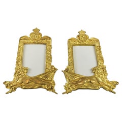 Vintage Pair of Gilt Bronze Picture Photo Frames with Lions and Royal Crowns