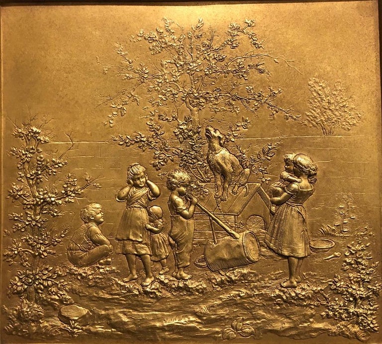 Pair of 19th century gilt bronze (electrotype technique) plaques. Children in backyard farm, garden scene. Elkington & Co. England.