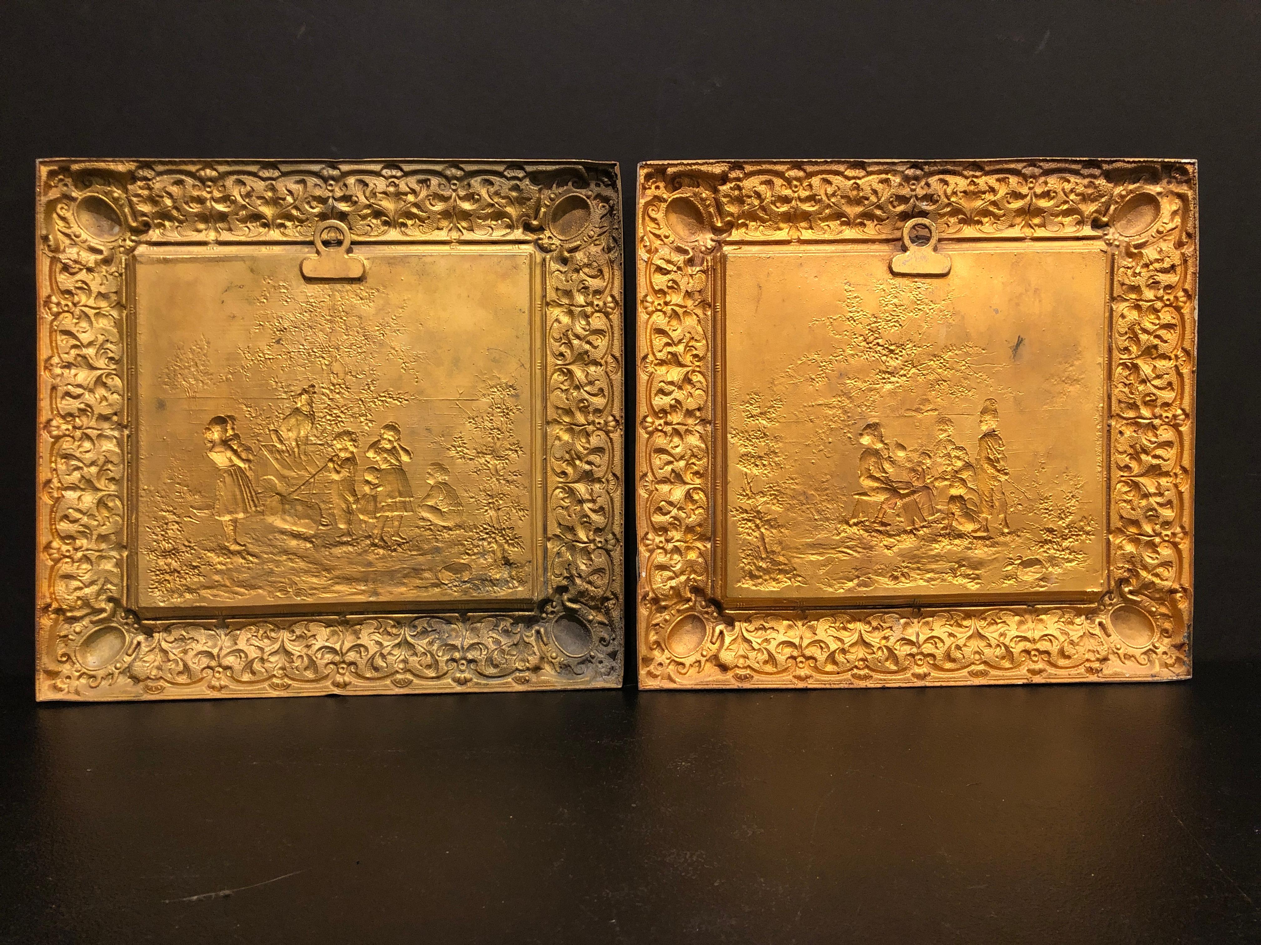 English Pair of 19th Century Gilt Bronze Relief Plaques With Children For Sale