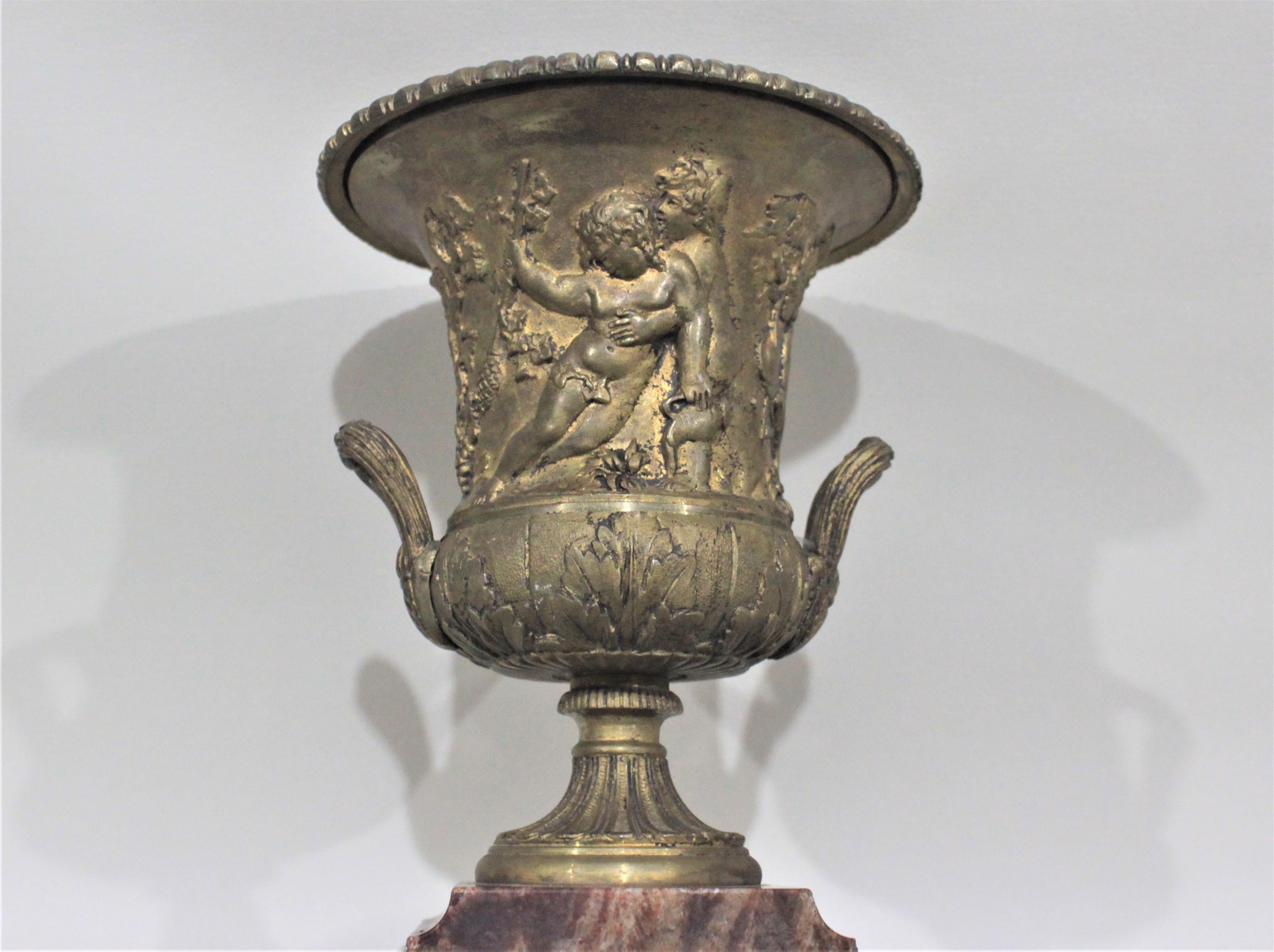 Pair of Gilt Bronze and Polished Marble Garnitures or Urns For Sale 5
