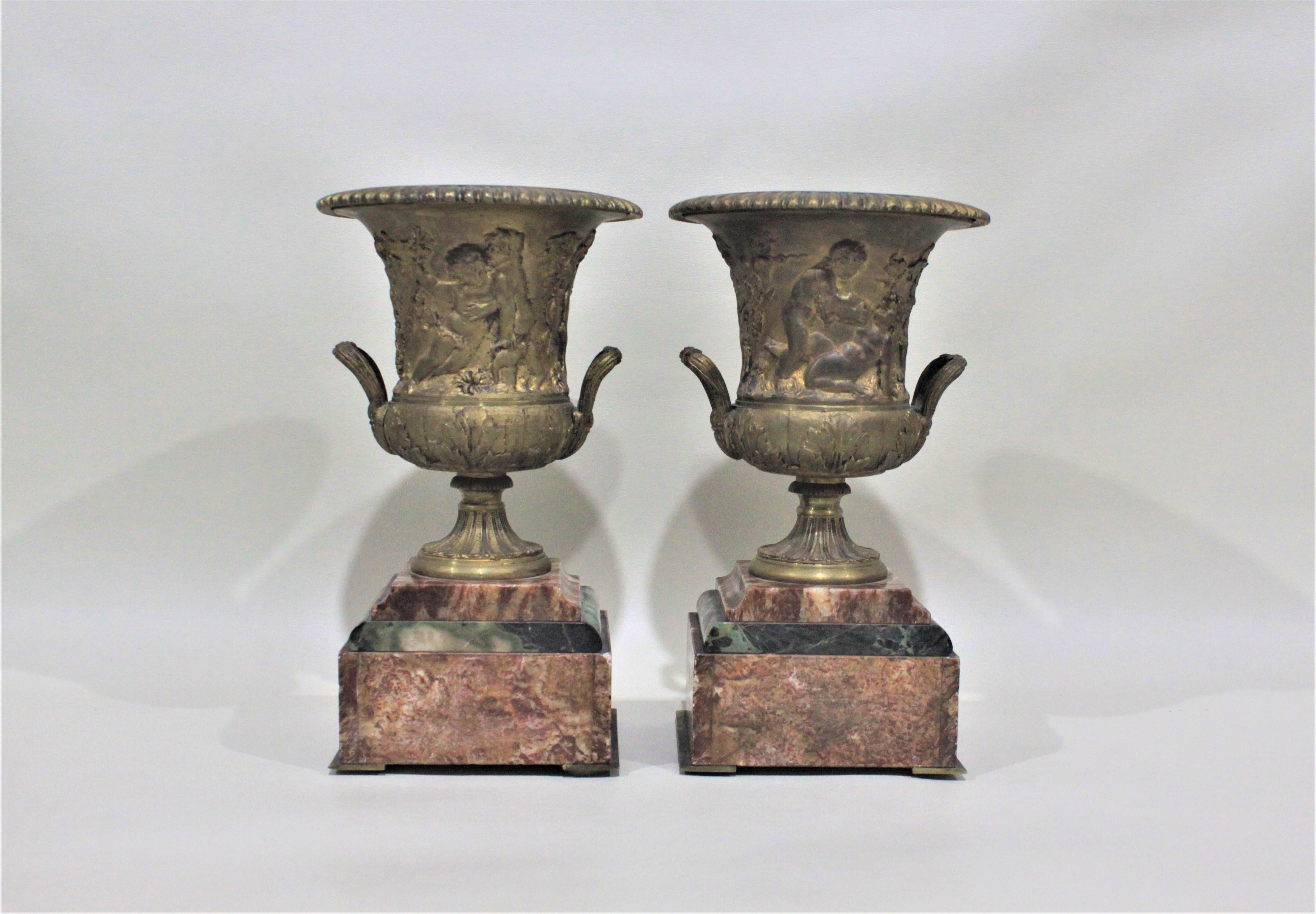 English Pair of Gilt Bronze and Polished Marble Garnitures or Urns For Sale