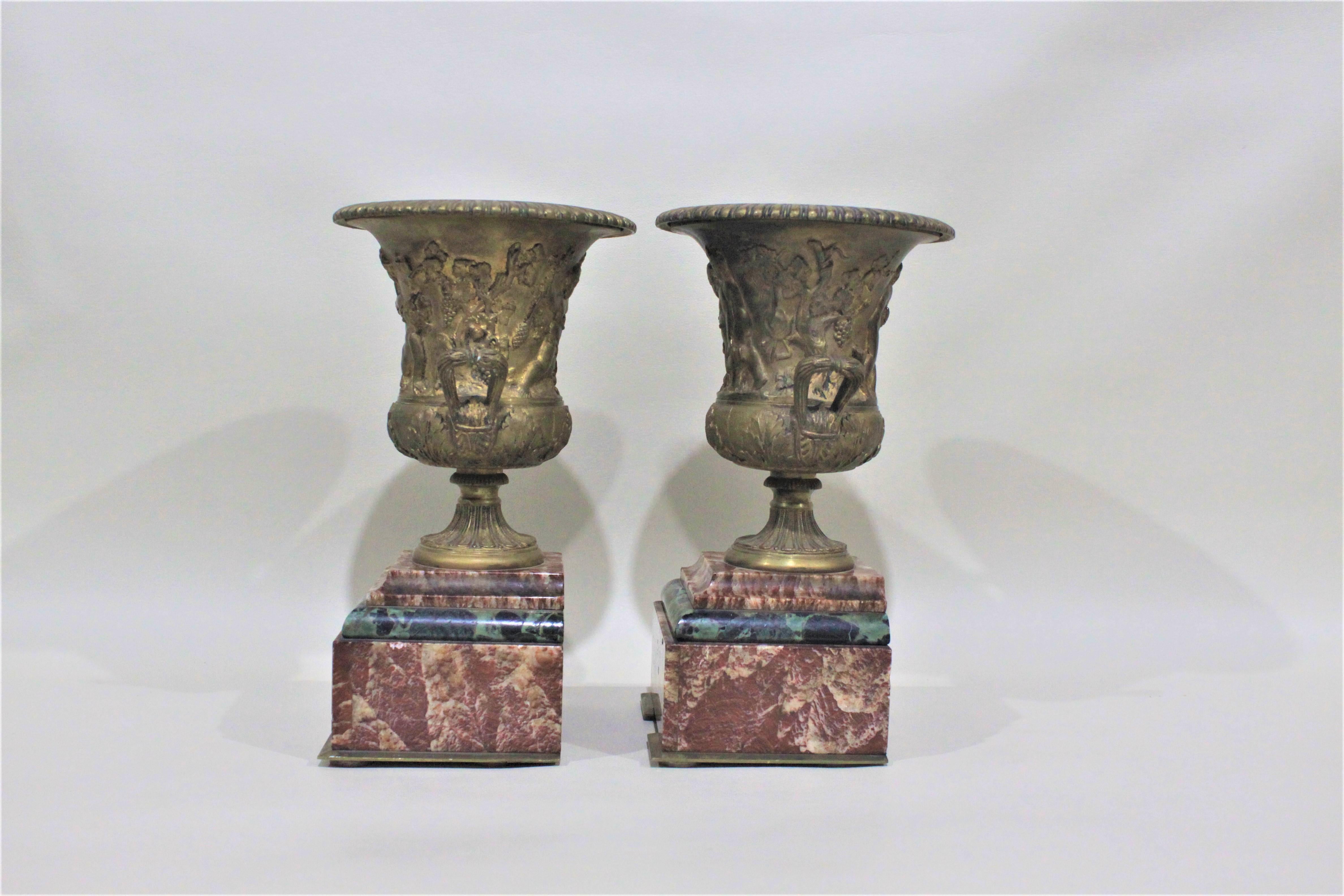 Pair of Gilt Bronze and Polished Marble Garnitures or Urns In Good Condition For Sale In Hamilton, Ontario