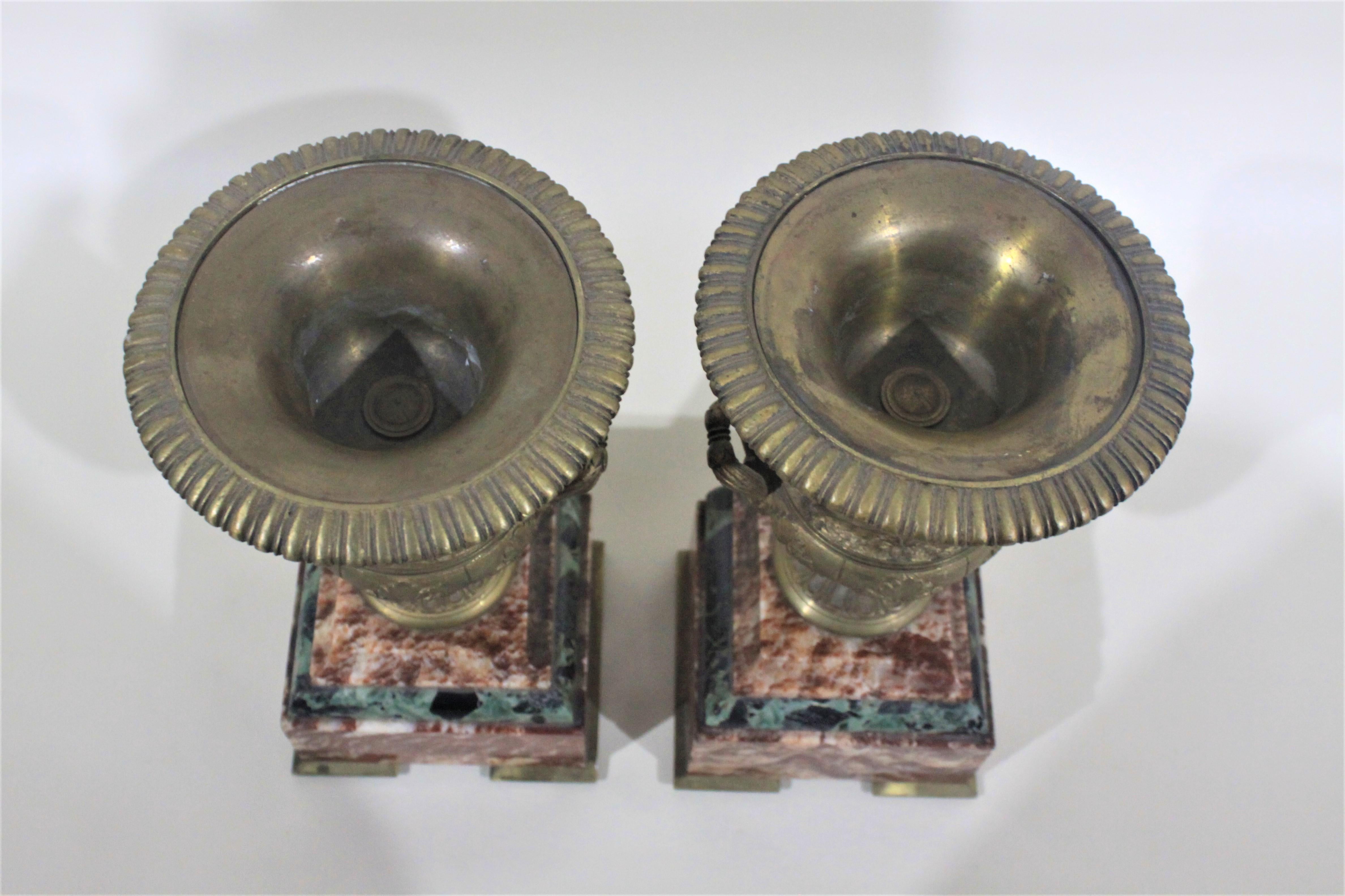 Pair of Gilt Bronze and Polished Marble Garnitures or Urns For Sale 1