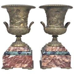 Pair of Gilt Bronze and Polished Marble Garnitures or Urns