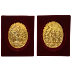 Pair of Gilt Bronze Repousse Plaques in Velvet Frames