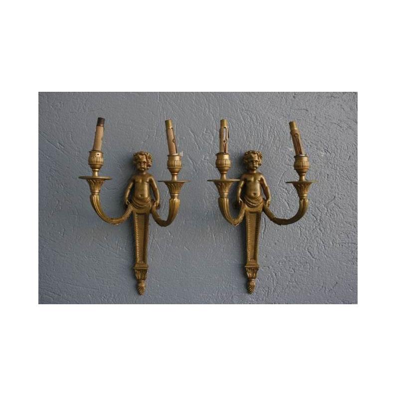French Pair of Gilt Bronze Sconces Louis XVI Style For Sale