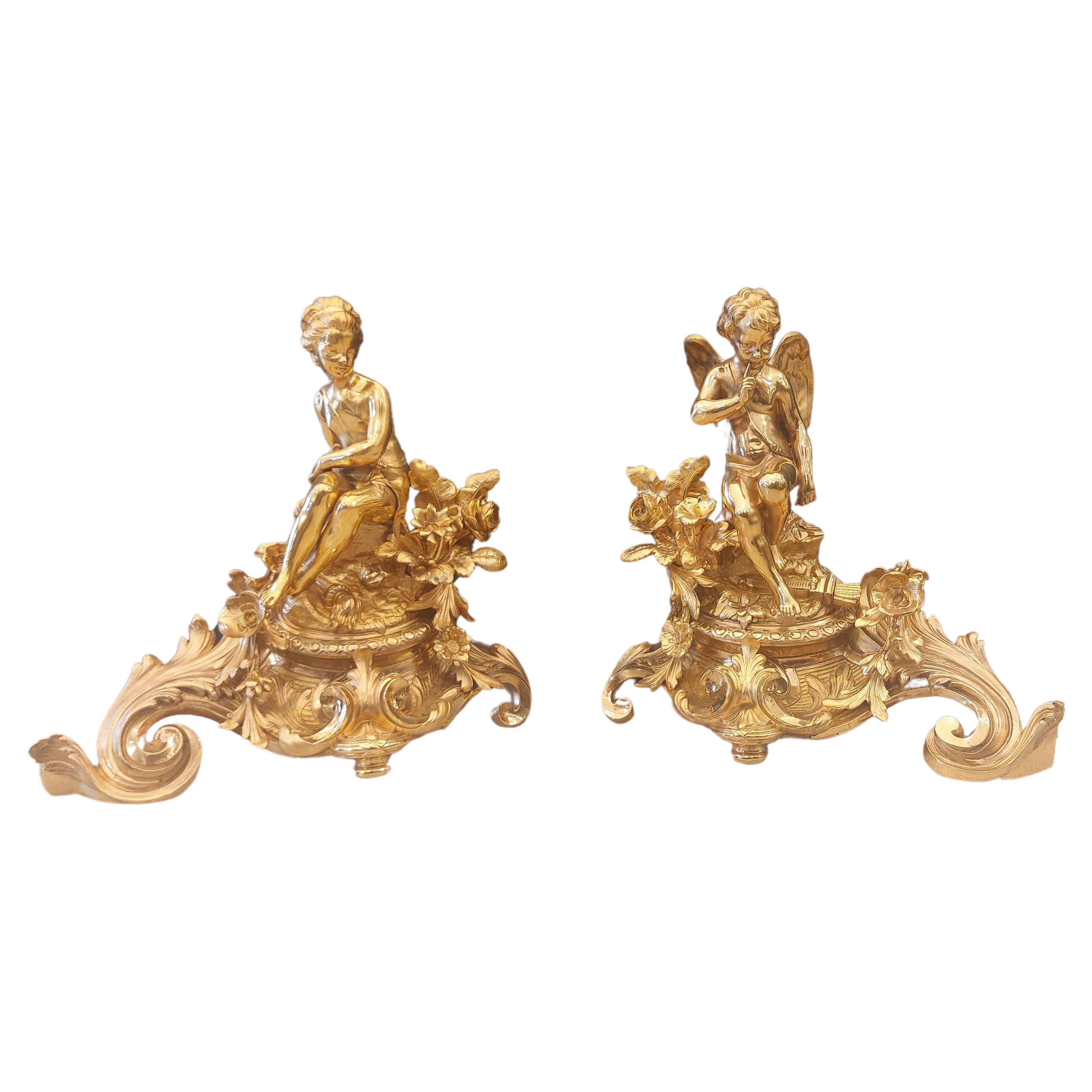 Paire de sculptures en bronze doré représentant Cupidon et Psyché, XIXe siècle